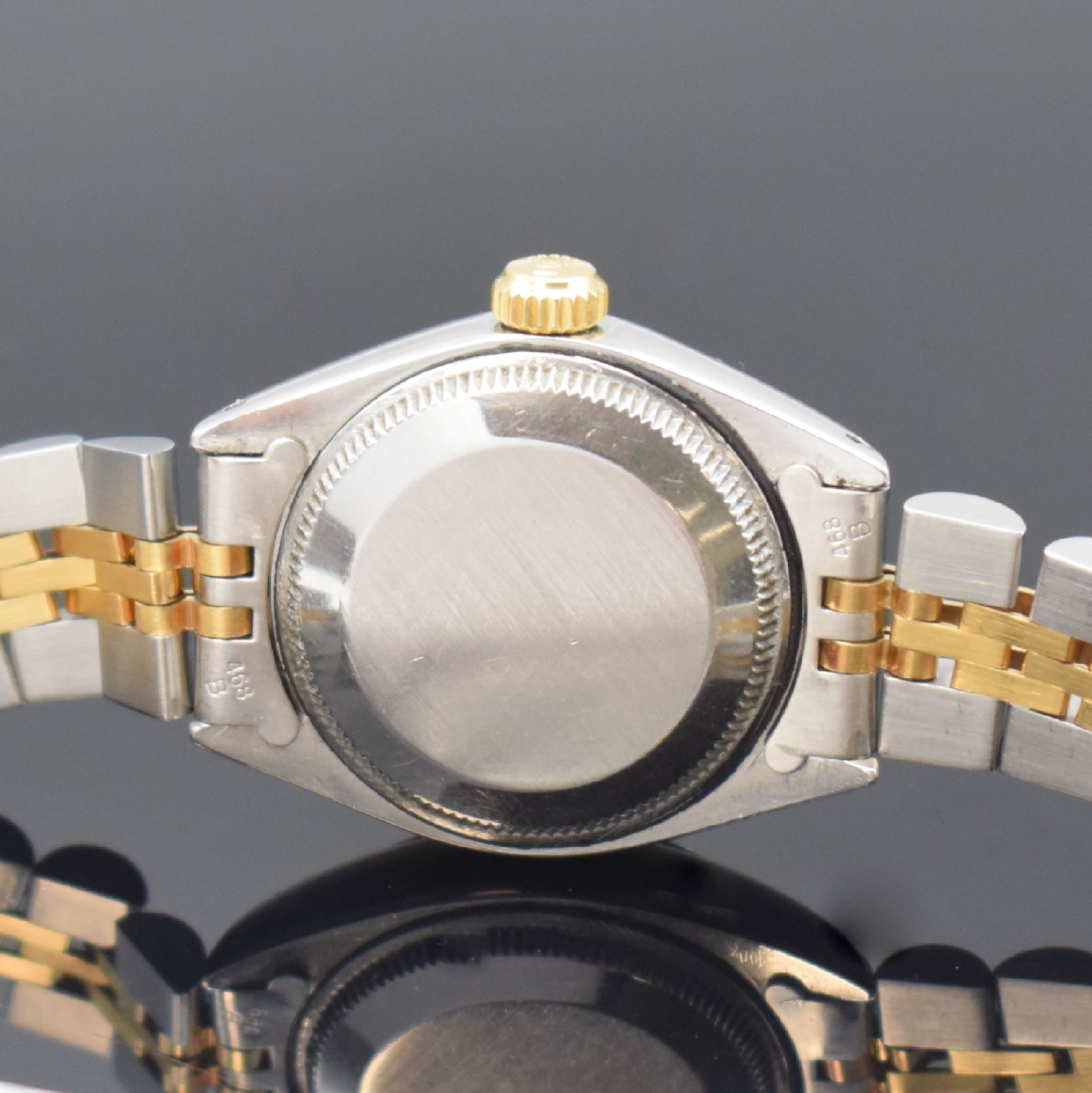 Detail e: ROLEX Datejust Damenarmbanduhr Referenz 6917, Schweiz um 1975, Automatik, Edelstahl u. Gold komb., verschr. Geh., Jubileeband m. Faltschl., gold. ...