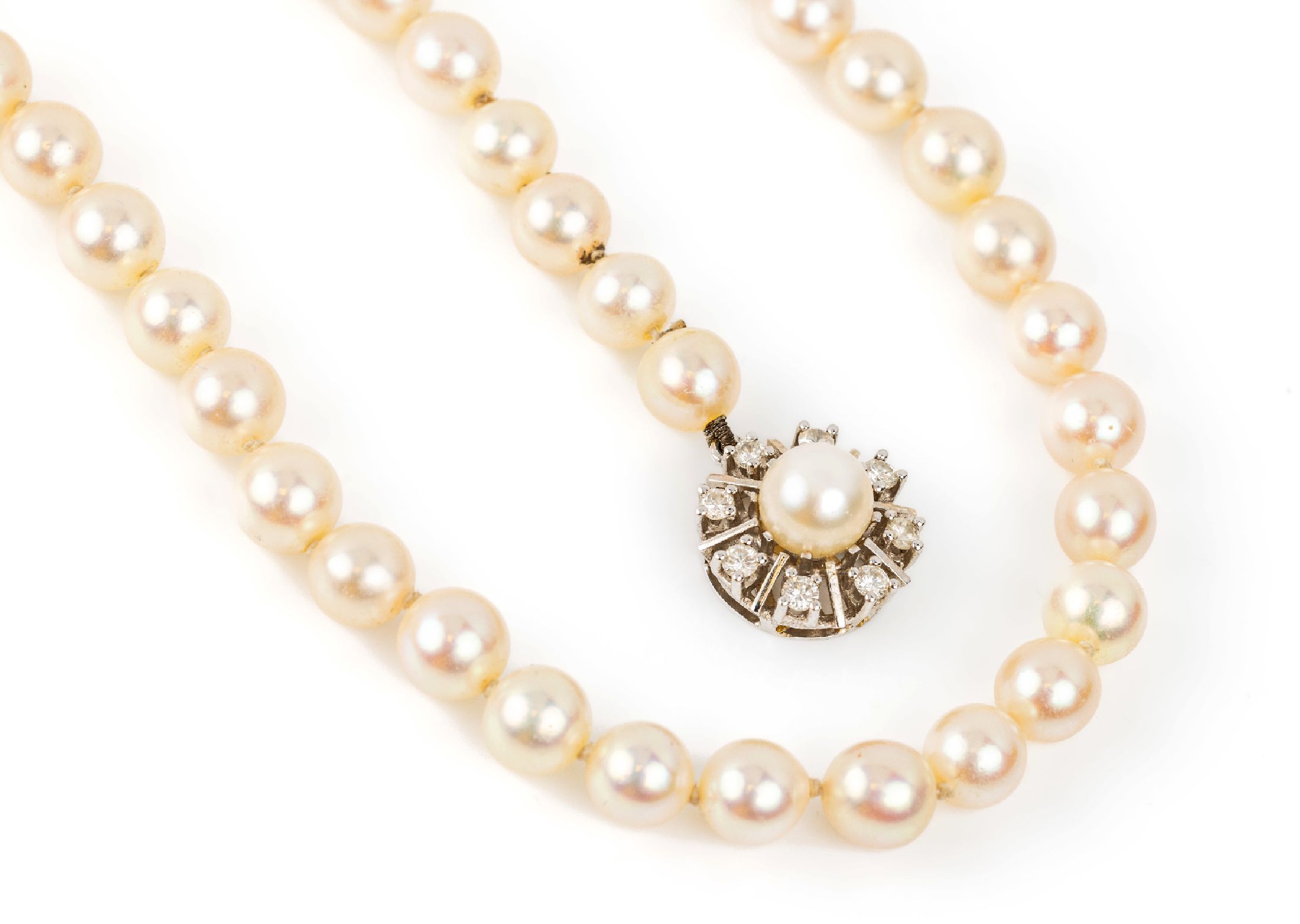 Zuchtperl-Collier mit 14 kt Gold Brillant- Schließe, WG 585/000, Akoyazuchtperlen, D. ca. 7.2 mm, Steckschließe mit 8 Brillanten zus. ca. 0.48 ct ...