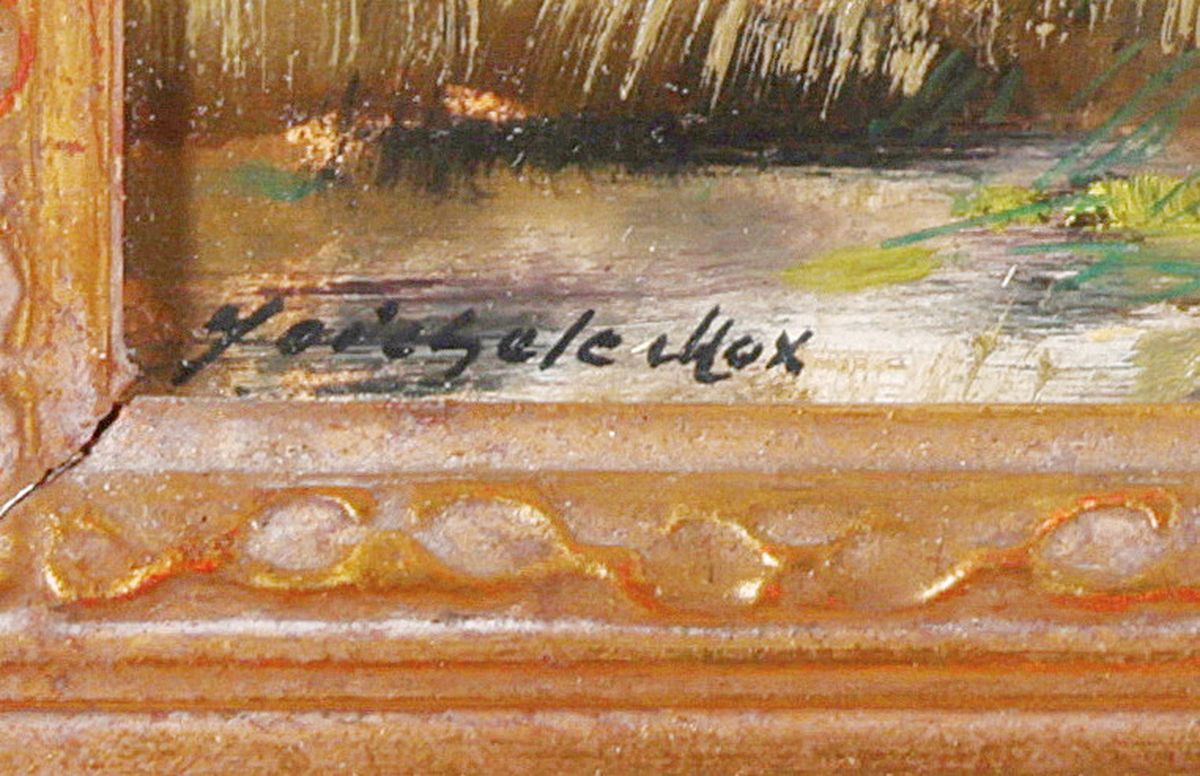 Detail a: Max Heichele, 1930-1979, Münchner Schule, Landschaft wohl im Dachauer Moos, Figurenstaffage, Öl/Masonit, links unten signiert, 26x43 cm, Rahmen ...