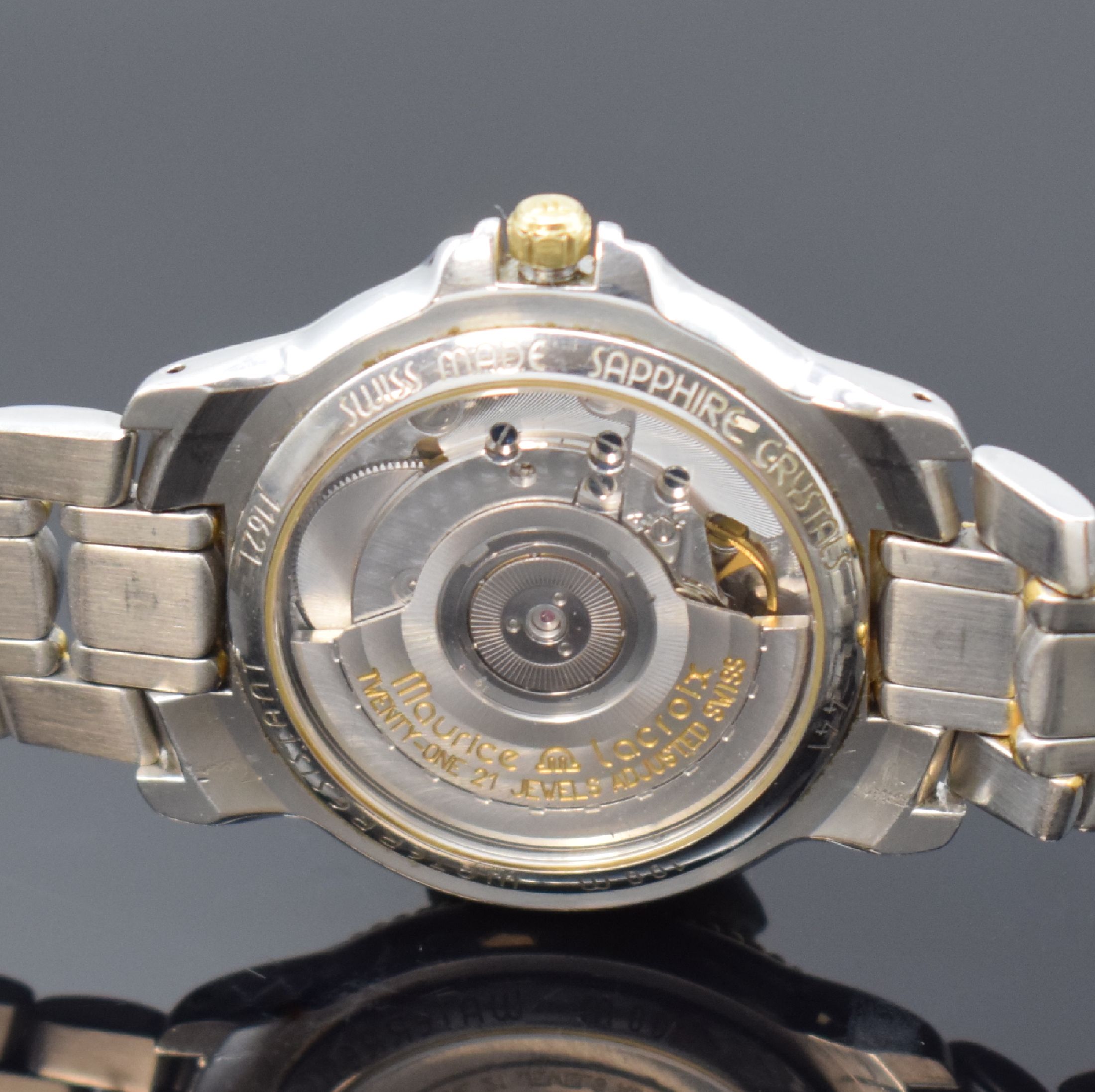 Detail d: MAURICE LACROIX Herrenarmbanduhr in Stahl/Gold, Schweiz um 2010, Automatik, beids. vergl. Geh., Saphirgl., orig. Gliederband m. dopp. Faltschl., ...