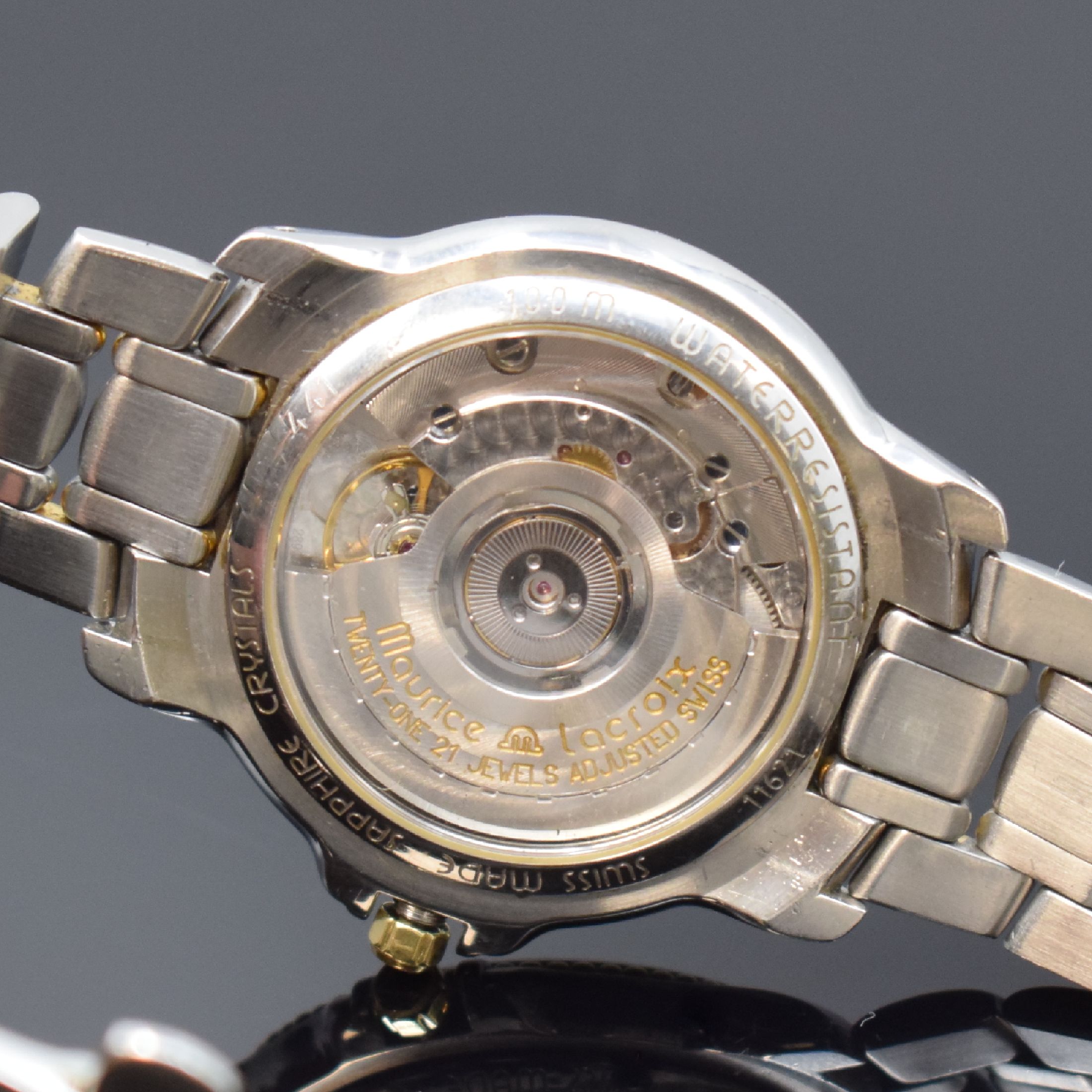 Detail e: MAURICE LACROIX Herrenarmbanduhr in Stahl/Gold, Schweiz um 2010, Automatik, beids. vergl. Geh., Saphirgl., orig. Gliederband m. dopp. Faltschl., ...