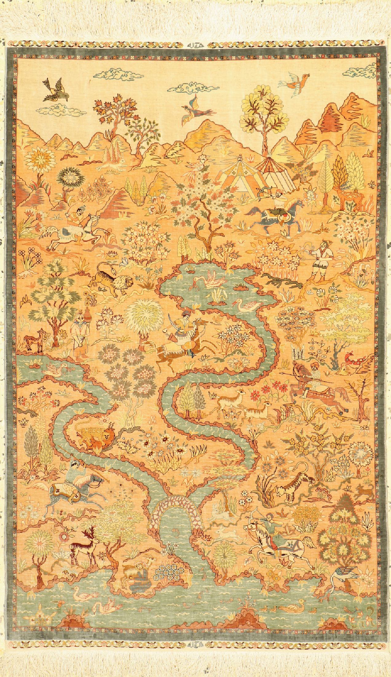 Hereke Seide, sehr fein, Türkei, signiert, um 1960, reine Naturseide, ca. 107 x 68 cm, ca. 2,0 Mio. Kn/qm, EHZ: 1-2.