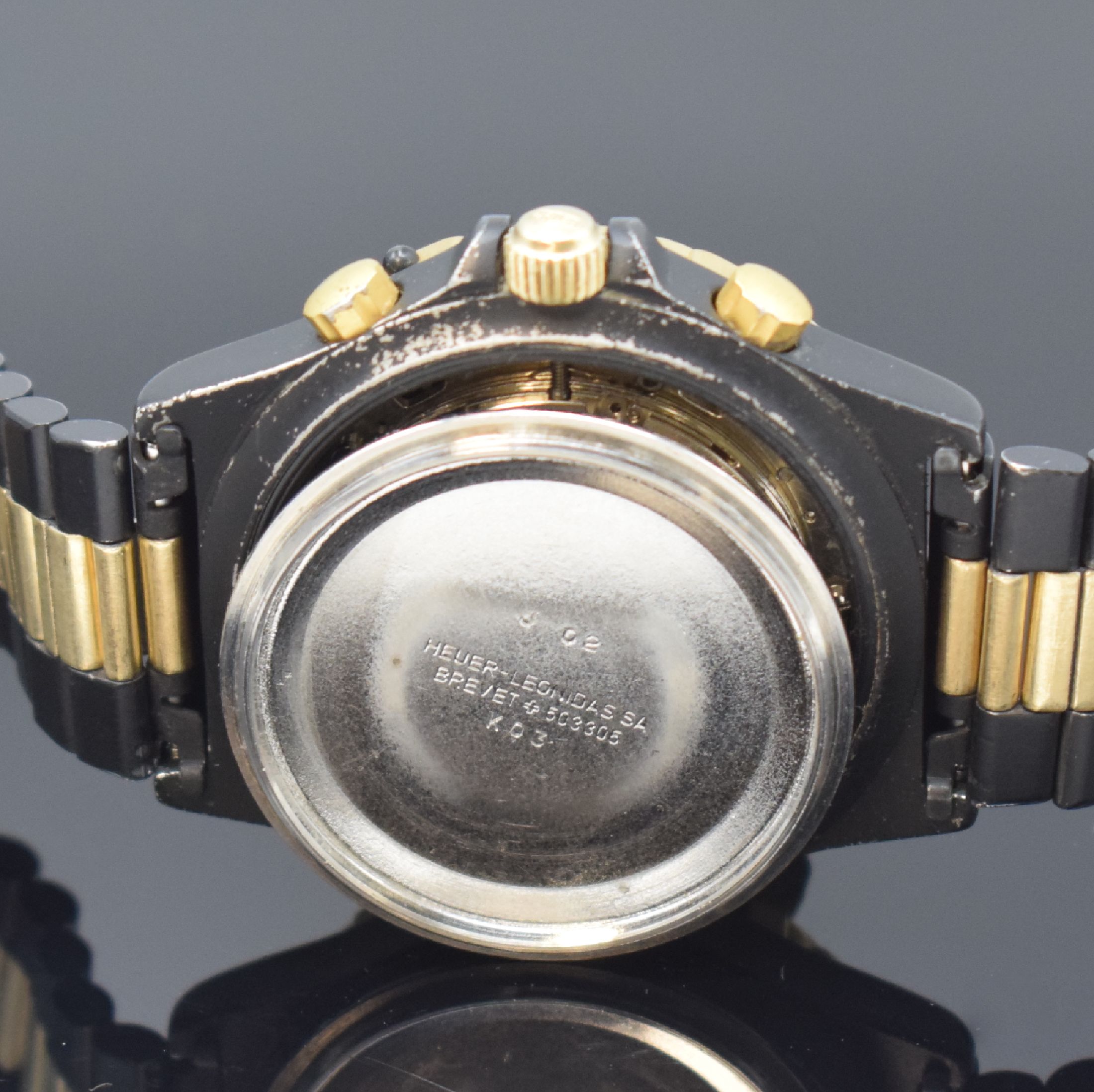 Detail g: HEUER 3000 seltene Herrenarmbanduhr mit Chronograph Referenz 136.006, Schweiz um 1985, Automatik, Stahlgehäuse teils verg. bzw. geschwärzt, orig. ...