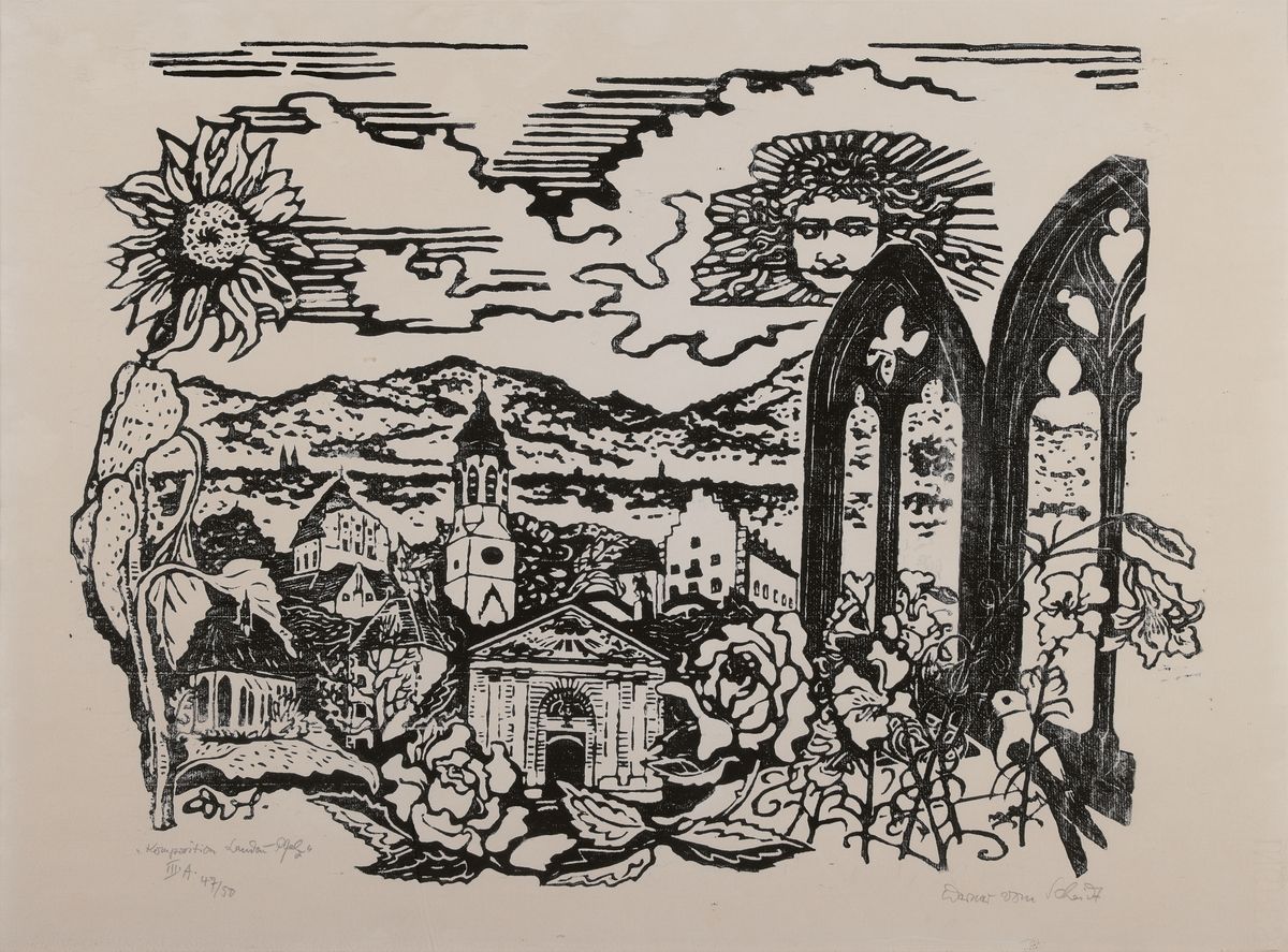 Werner vom Scheidt, 1894 Großblittersdorf-1984 Bad Bergzabern, Holzschnitt, "Komposition Landau-Pfalz" so bez., Ed. 47/50, signiert, ...