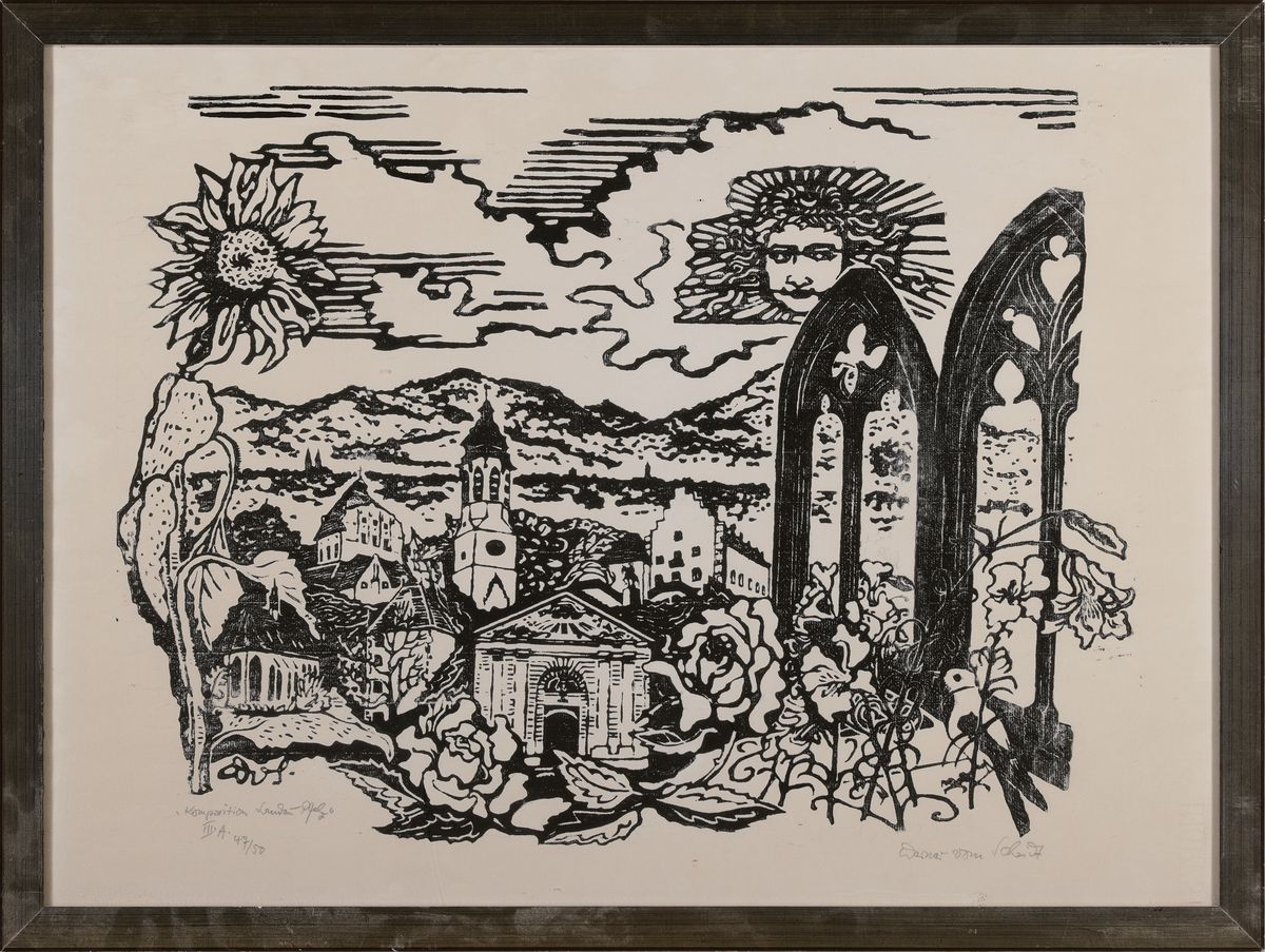 Detail k: Werner vom Scheidt, 1894 Großblittersdorf-1984 Bad Bergzabern, Holzschnitt, "Komposition Landau-Pfalz" so bez., Ed. 47/50, signiert, ...