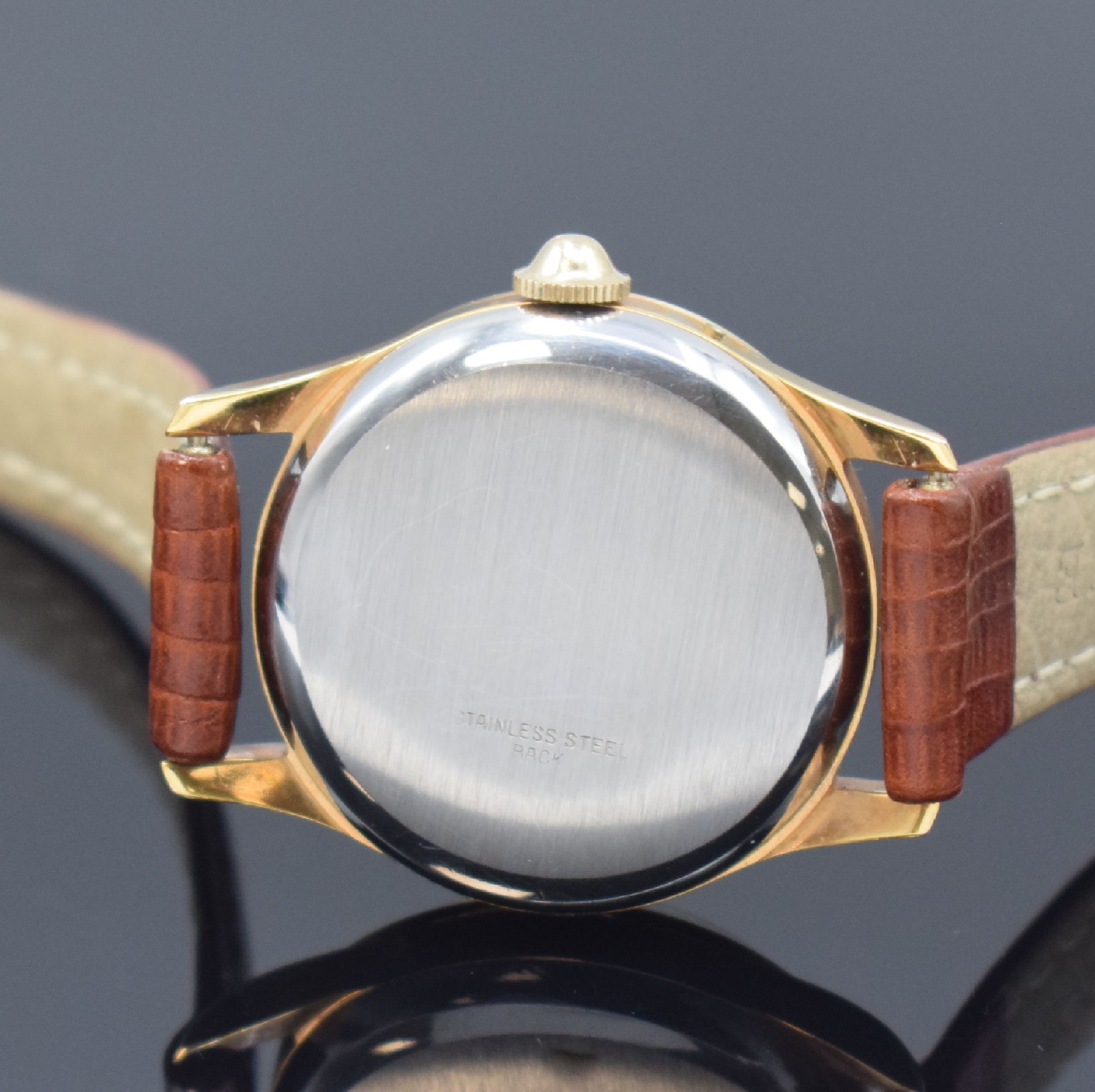 Detail d: GRUEN Damenarmbanduhr mit Vollkalender und Mondphase, Schweiz um 1950, Handaufzug, verg. Geh., Lunette u. Stahlboden aufgedr., silb. Zifferbl., ...