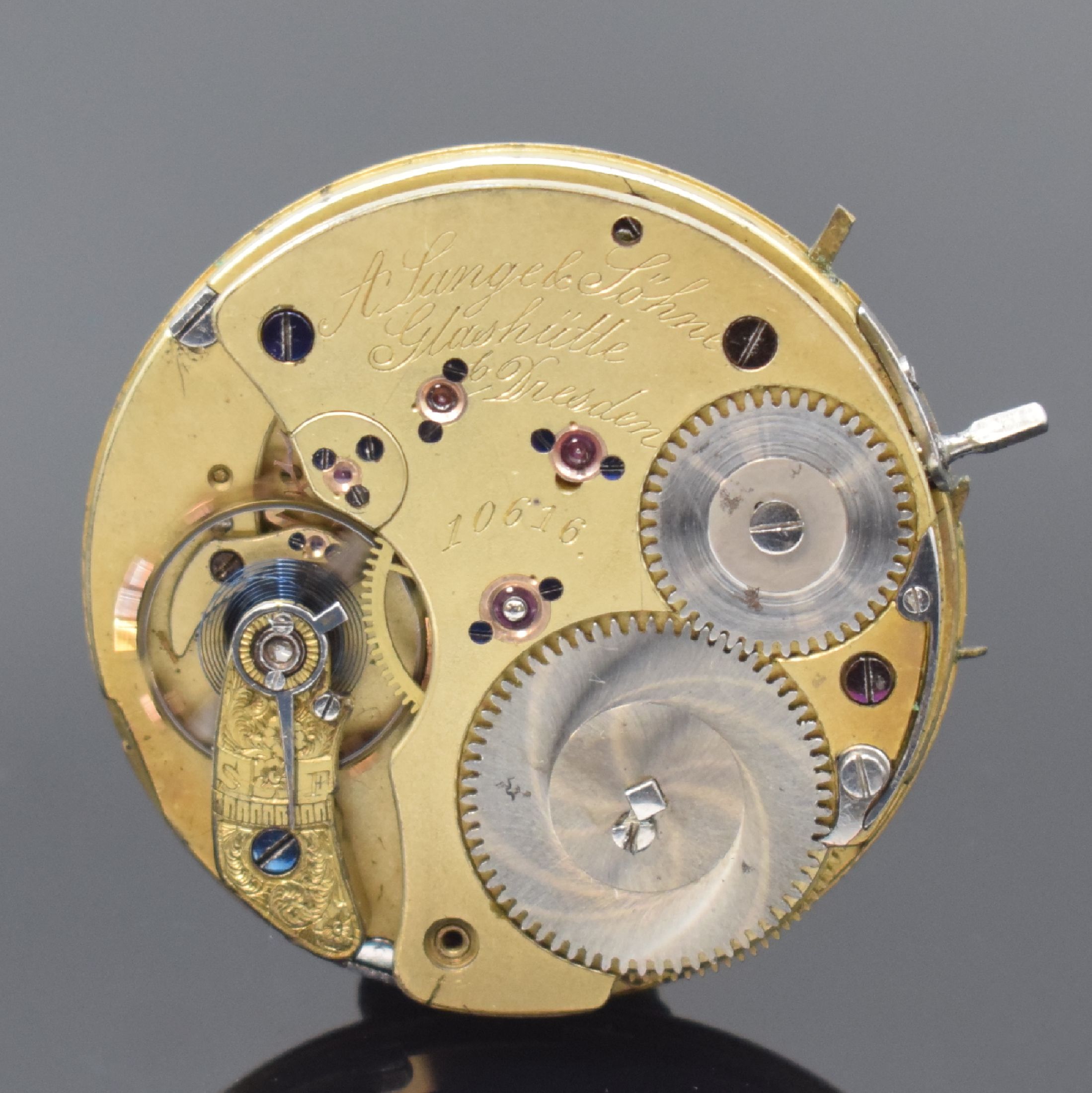 Detail a: A. LANGE & SÖHNE / A. LANGE Dresden Savonette Taschenuhrwerk in 1A-Qualität, Deutschland um 1875, Kronenaufzug, Emailzifferbl. riss., sign. ...