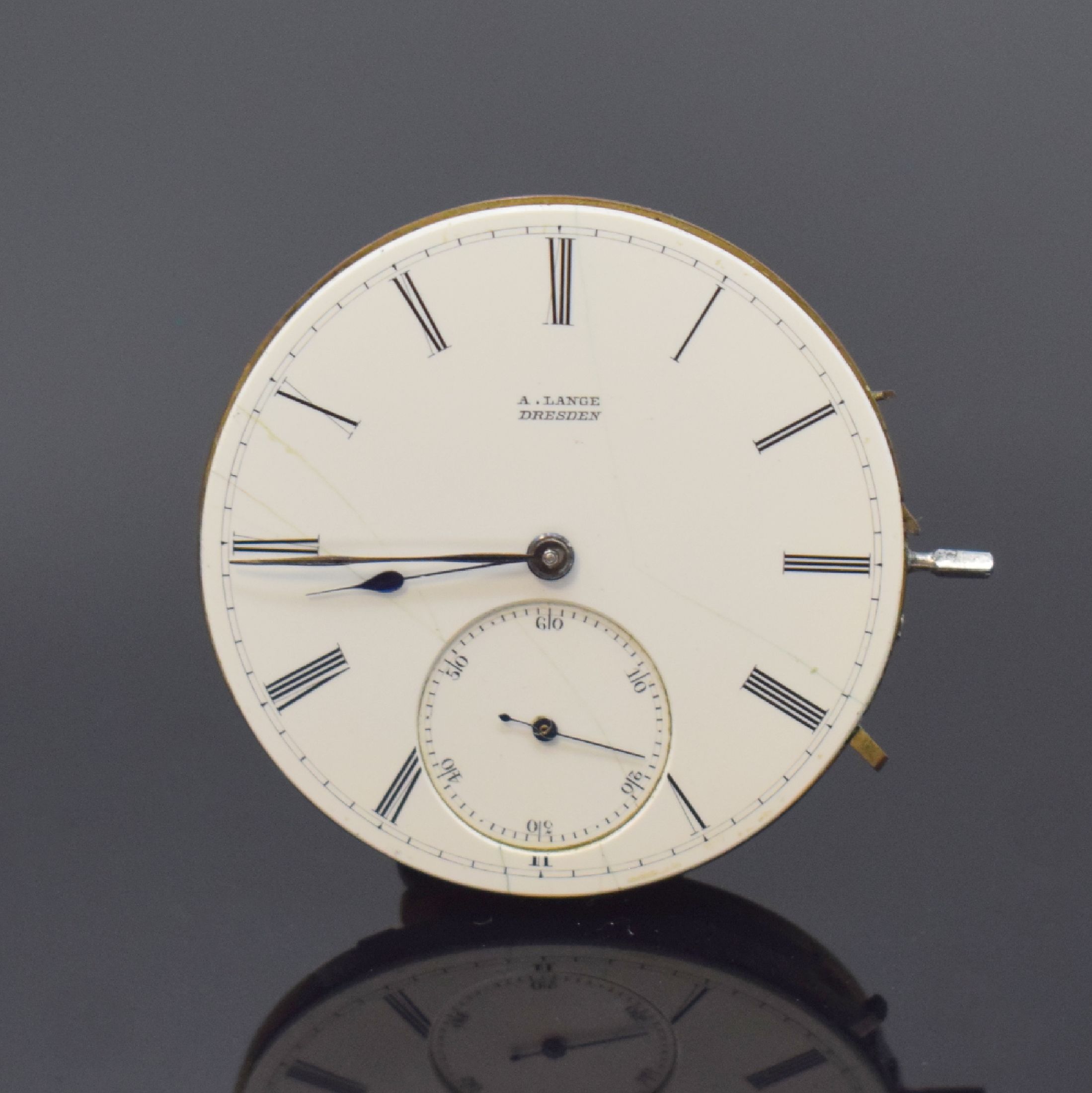 Detail b: A. LANGE & SÖHNE / A. LANGE Dresden Savonette Taschenuhrwerk in 1A-Qualität, Deutschland um 1875, Kronenaufzug, Emailzifferbl. riss., sign. ...