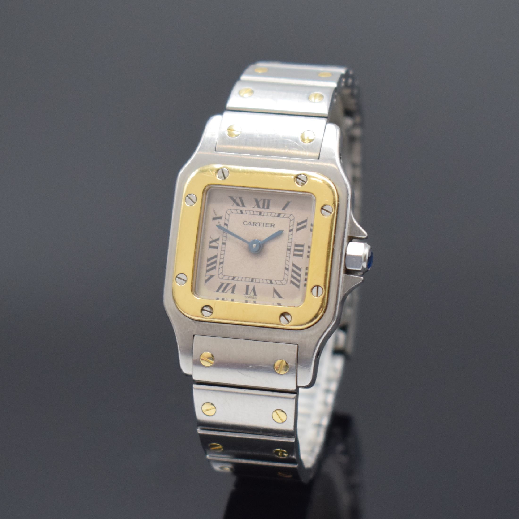 CARTIER Santos Referenz 1057930 Damenarmbanduhr in Stahl/Gold, Schweiz um 2000, quartz, leicht gebogenes Geh., Boden 8- fach verschr., orig. ...