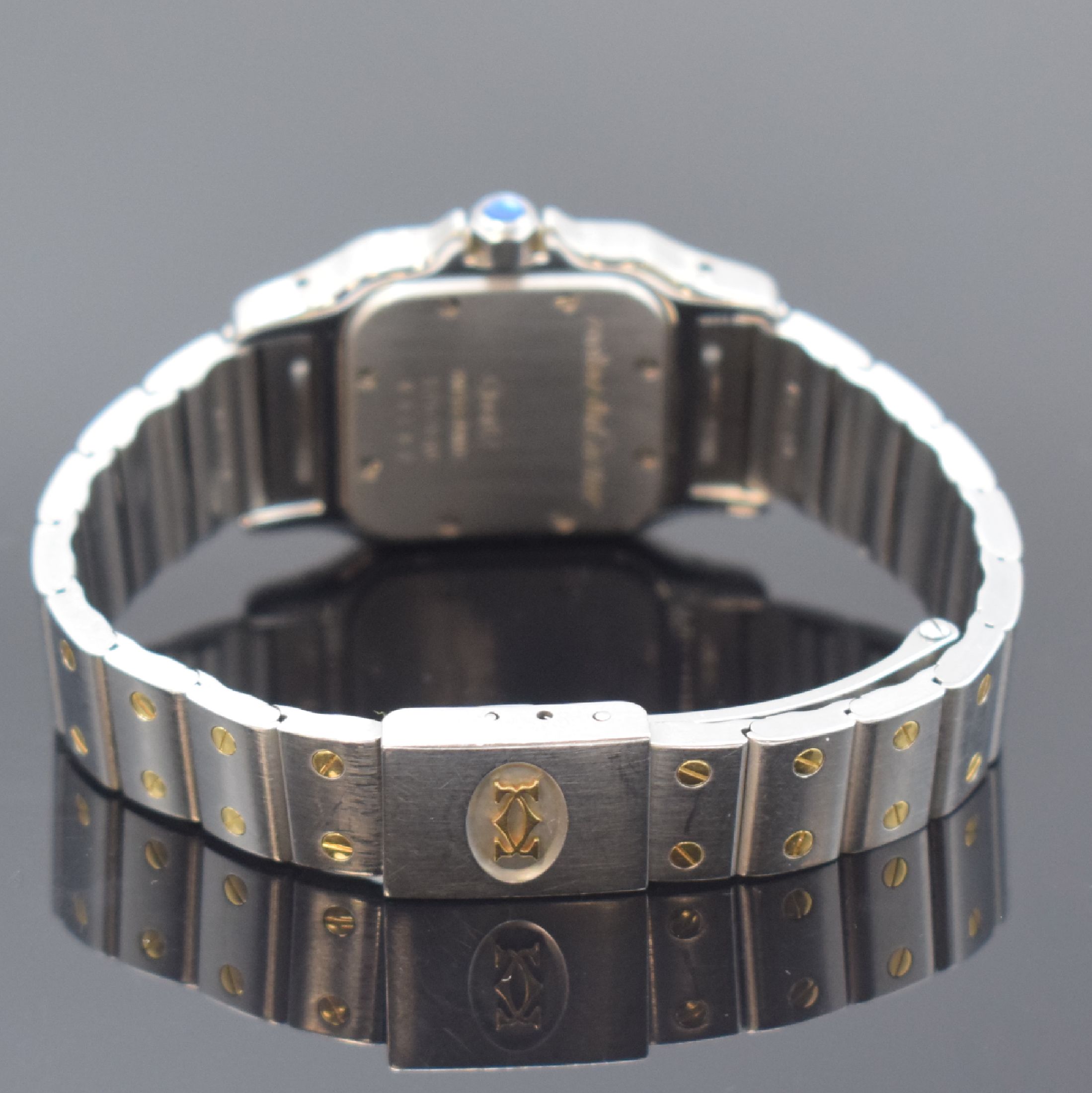 Detail b: CARTIER Santos Referenz 1057930 Damenarmbanduhr in Stahl/Gold, Schweiz um 2000, quartz, leicht gebogenes Geh., Boden 8- fach verschr., orig. ...