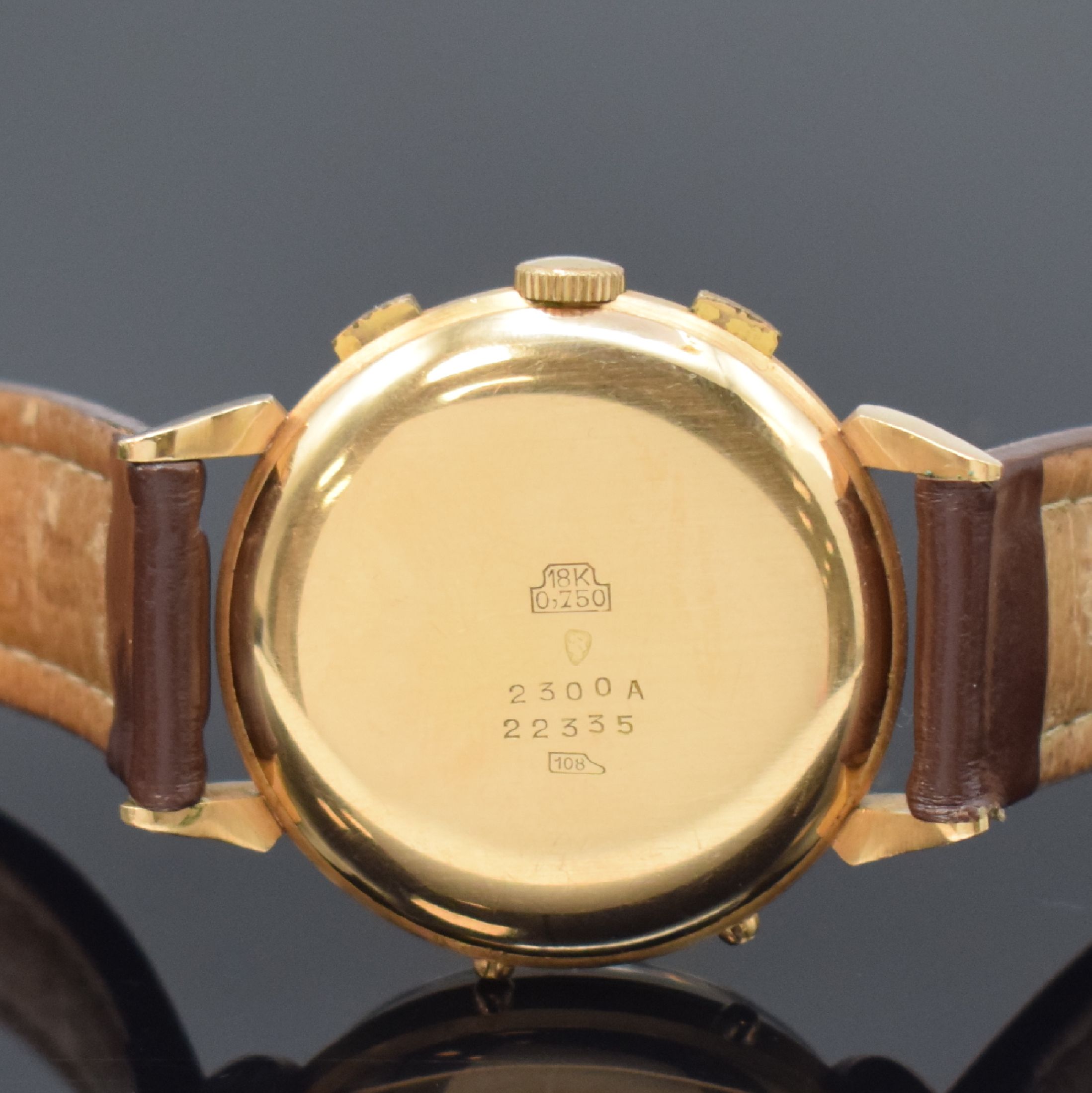 Detail c: ORATOR Extra Schaltradchronograph Valjoux 72C mit Vollkalender in RG 750/000, Schweiz um 1945, Handaufzug, 3-tlg. Geh. m. ausgefallenen ...