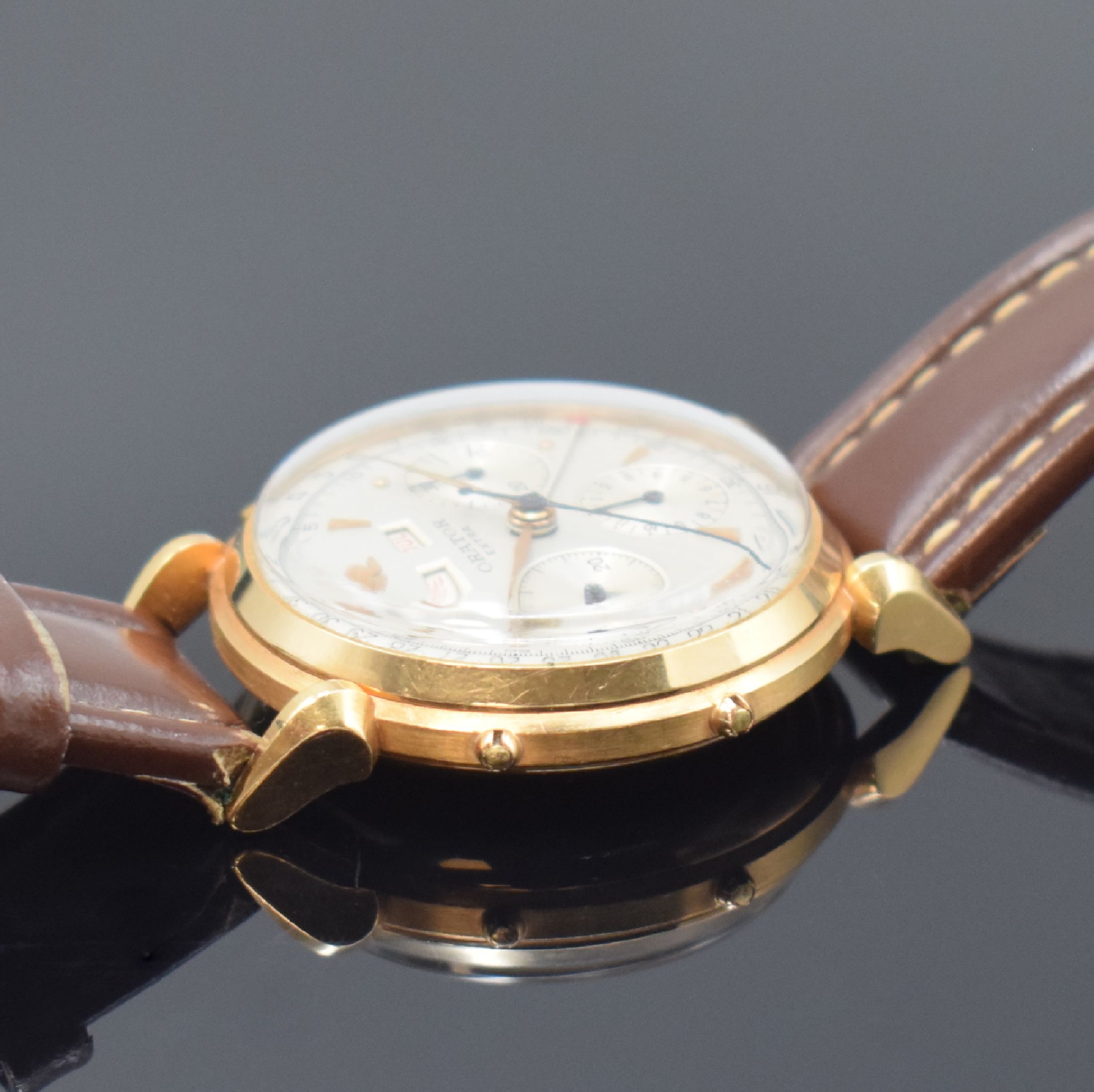 Detail d: ORATOR Extra Schaltradchronograph Valjoux 72C mit Vollkalender in RG 750/000, Schweiz um 1945, Handaufzug, 3-tlg. Geh. m. ausgefallenen ...