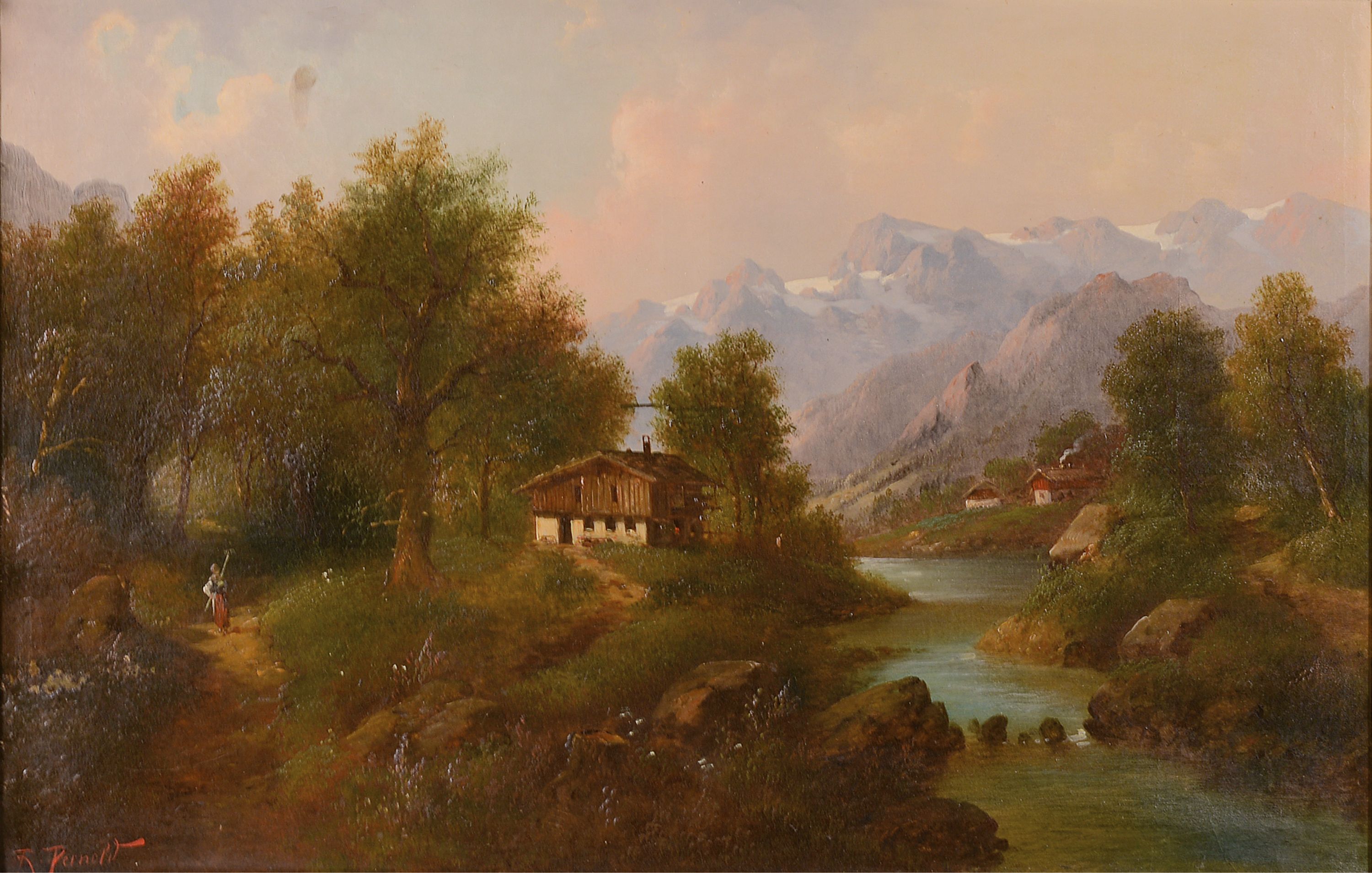 R. Pernold, Künstler des ausgehenden 19./ frühen 20.Jh., große Voralpenlandschaft, verso auf altem Etikett bez. "Motiv aus dem ...