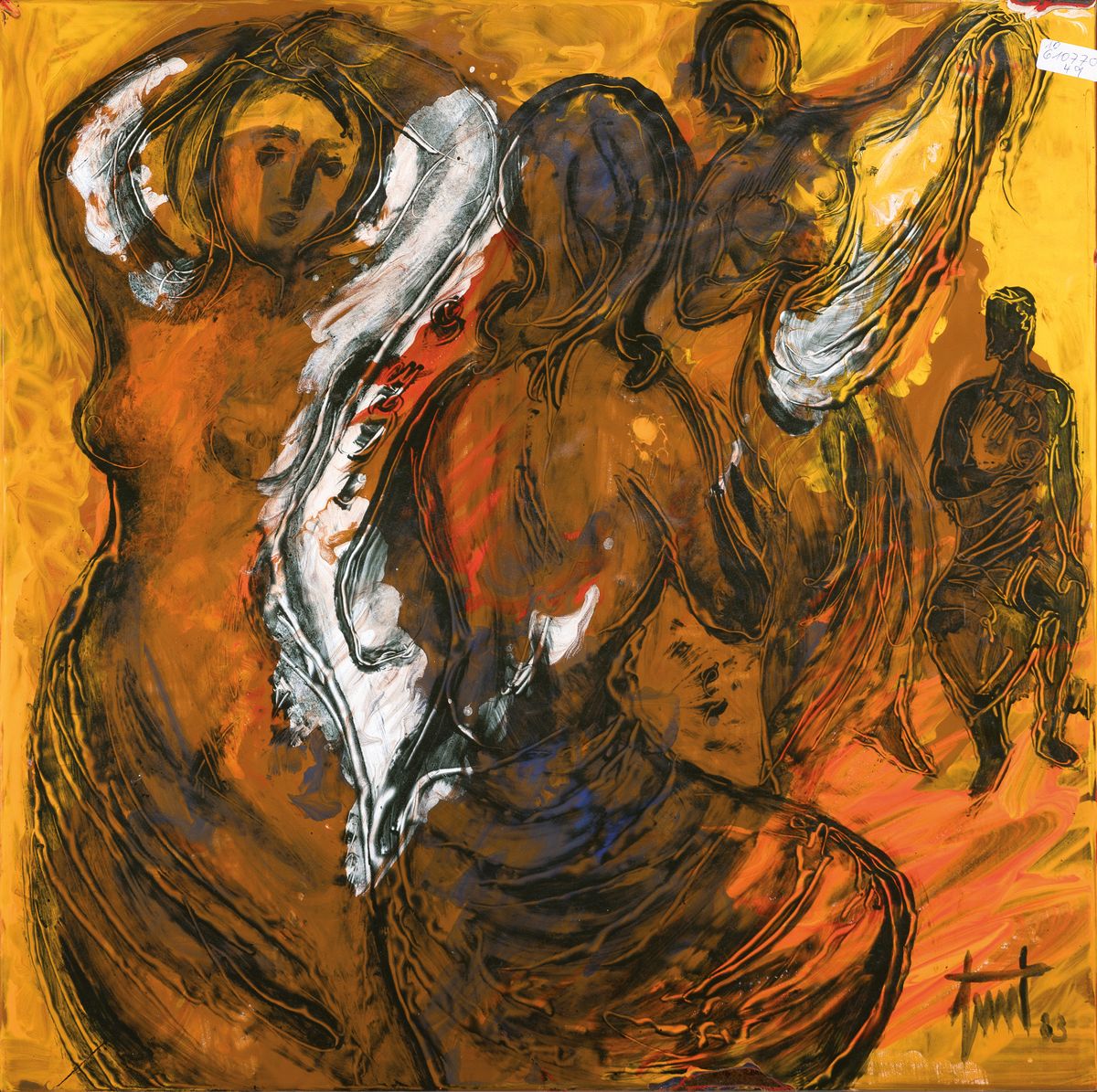 Georg Günther Zeuner, 1923 Dresden-2011 Speyer, vier Frauenfiguren, polychrome Emailarbeit, sign. und dat. 83, ca. 60x60cm