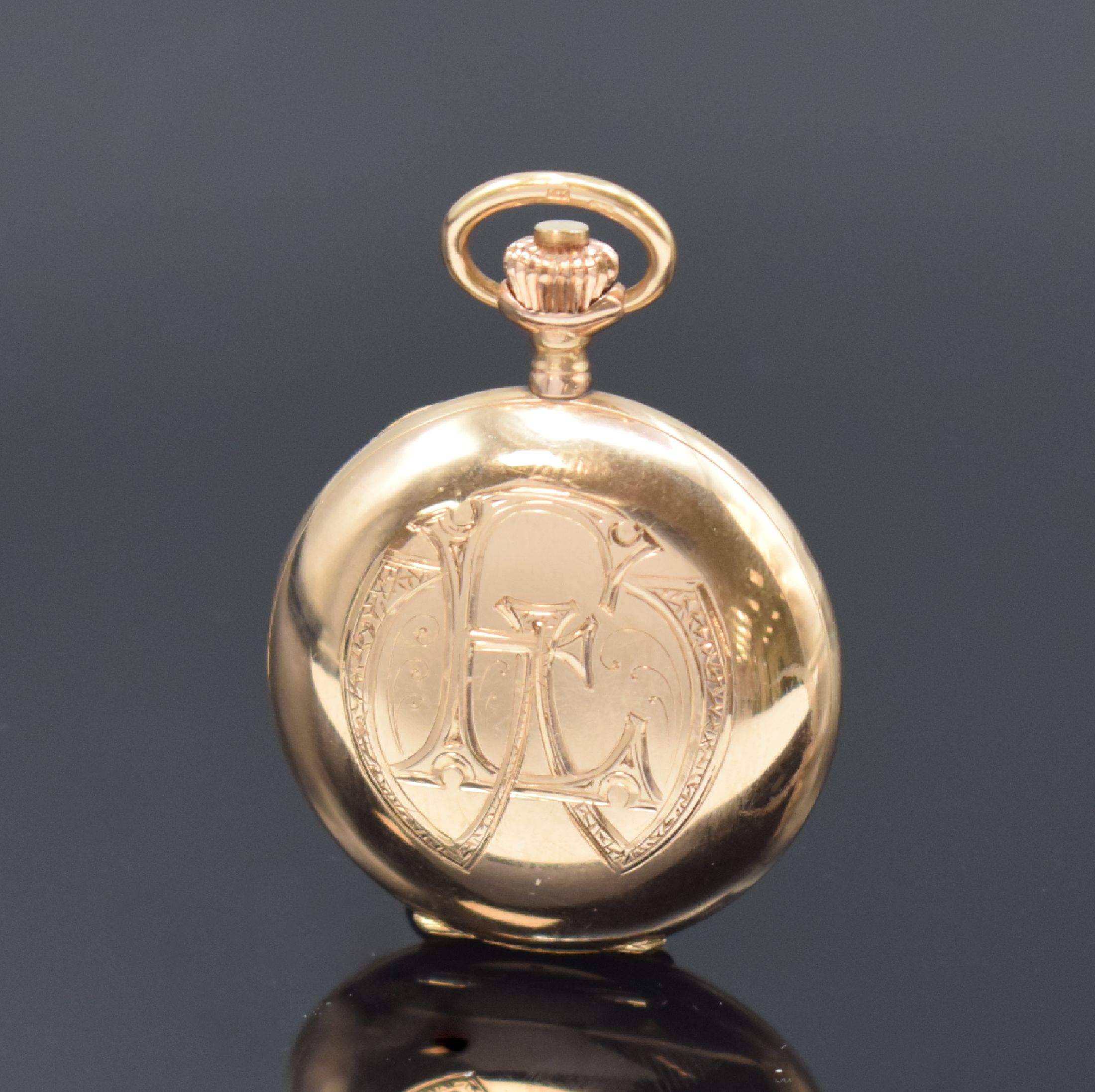 Detail c: AUDEMARS FRERES seltene Damensavonette in RG 585/000, Schweiz um 1910, glattes 3-Deckel Goldgeh., Sprungdeckel m. Monogramm-Grav., Medaillengrav. auf ...