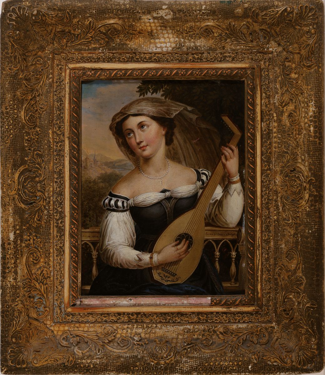 Detail k: Ernst Gebauer, 1782 Lietzen-1865 Berlin, Porträt einer Jungen Frau, die Laute spielend, im Hintergrund feine idealistische Landschaft, Öl/Lwd, auf ...