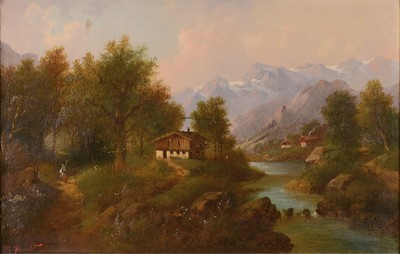 Image 26657608 - R. Pernold, artist of the late 19th/early 20thcentury, large foothills of the Alps, verso with an old label inscribed "Motif from the Mürtzthale", signed lower left, oil/canvas, wide magnificent frame with surrounding festoon, 70x104/ 90x124cm
