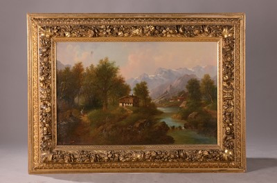 26657608k - R. Pernold, artist of the late 19th/early 20thcentury, large foothills of the Alps, verso with an old label inscribed "Motif from the Mürtzthale", signed lower left, oil/canvas, wide magnificent frame with surrounding festoon, 70x104/ 90x124cm