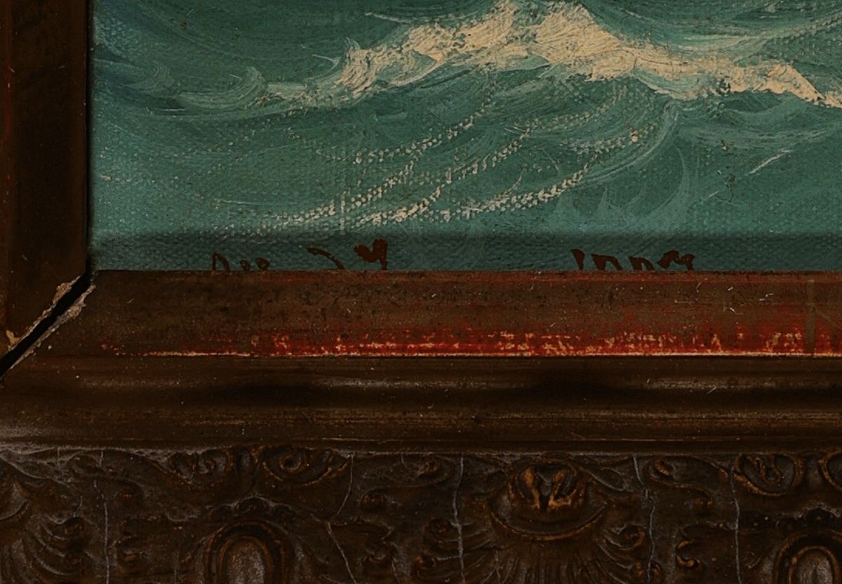 Detail a: Alfred Jensen, 1859-1935, Seestück, Zweimaster auf bewegter See, links unten signiert und datiert 1907, Öl/Lwd, 26x20cm, Rahmen 45x40 cm