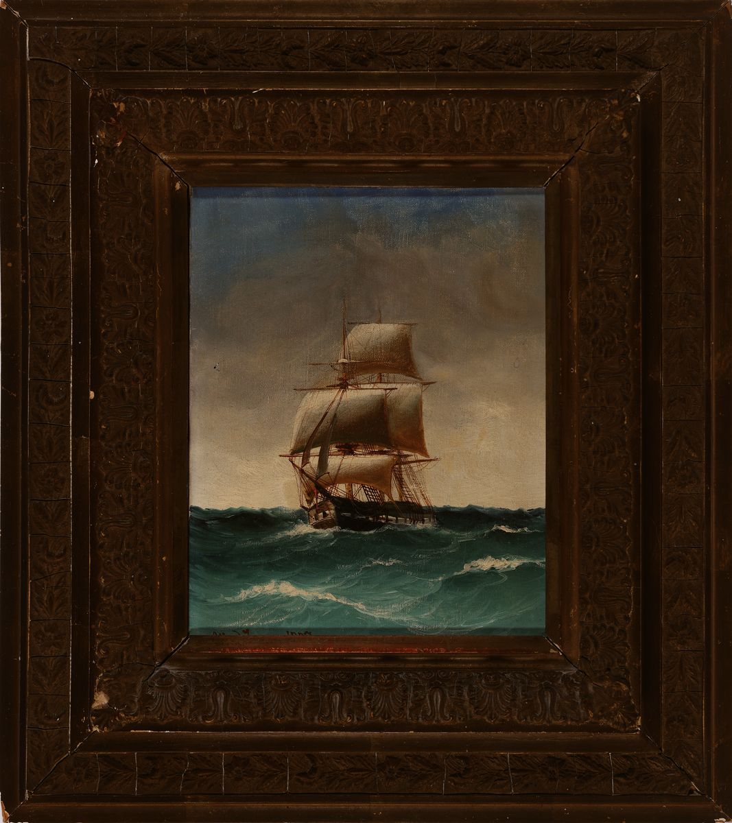 Detail k: Alfred Jensen, 1859-1935, Seestück, Zweimaster auf bewegter See, links unten signiert und datiert 1907, Öl/Lwd, 26x20cm, Rahmen 45x40 cm