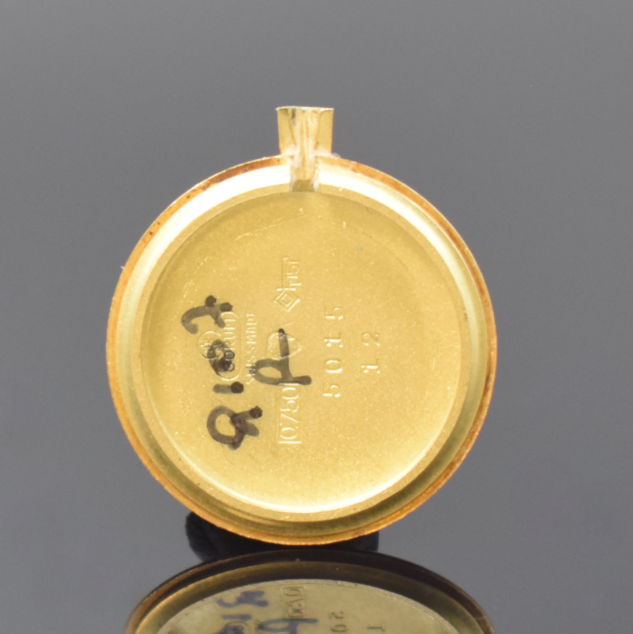 Detail f: CARTIER / CORUM Damenarmbanduhr in GG 750/000, Schweiz um 1960, Handaufzug, 2-tlg. Geh., radial schraffierte Lünette, gold. Fadenkreuz-Zifferbl. ...