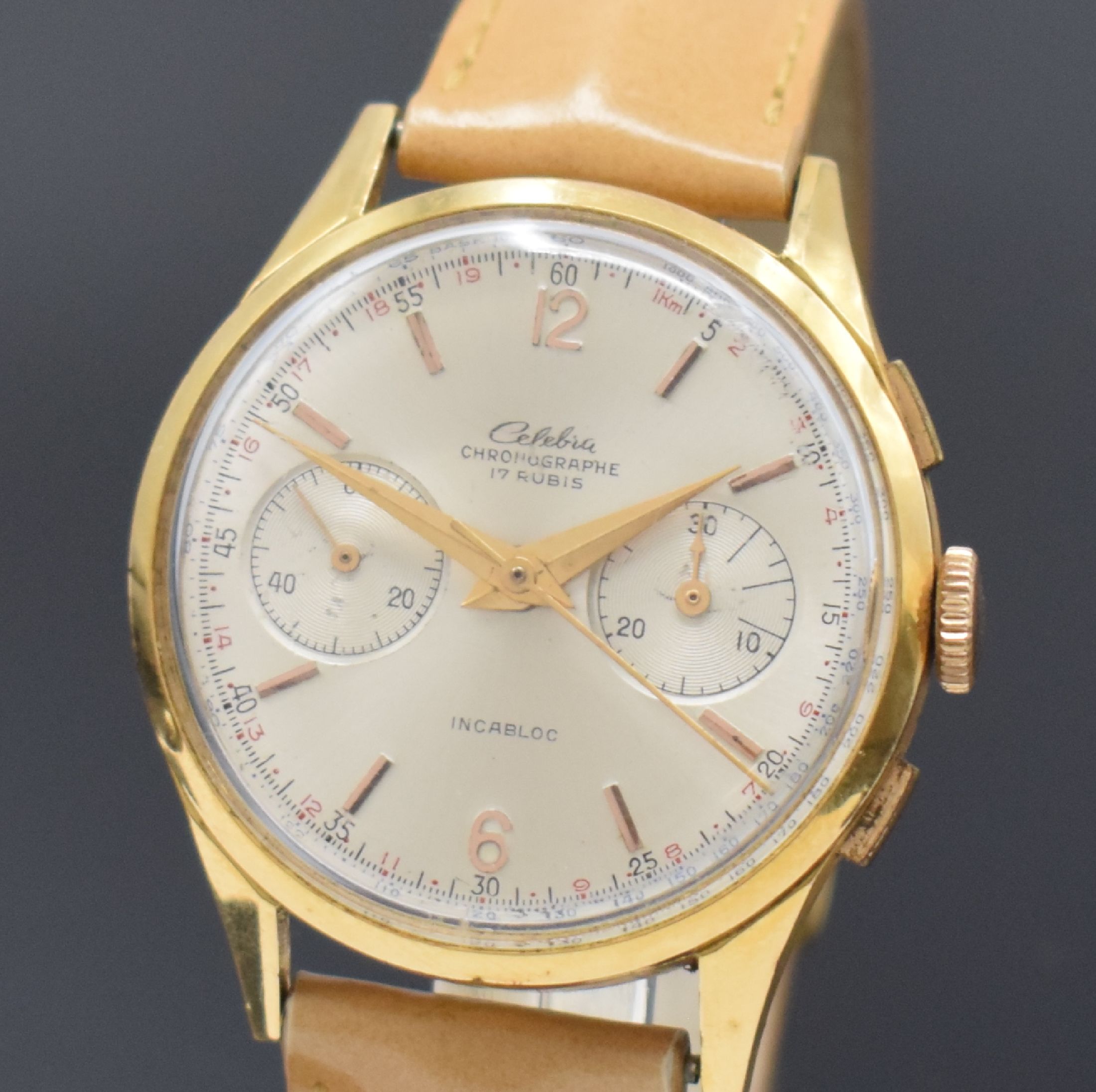 Detail a: CELEBRA Armbandchronograph in GG 750/000, Schweiz um 1950, Handaufzug, Boden aufgedr., silb. Zifferbl. m. gold. Std.-Ind., gold. Zeiger, 30 ...