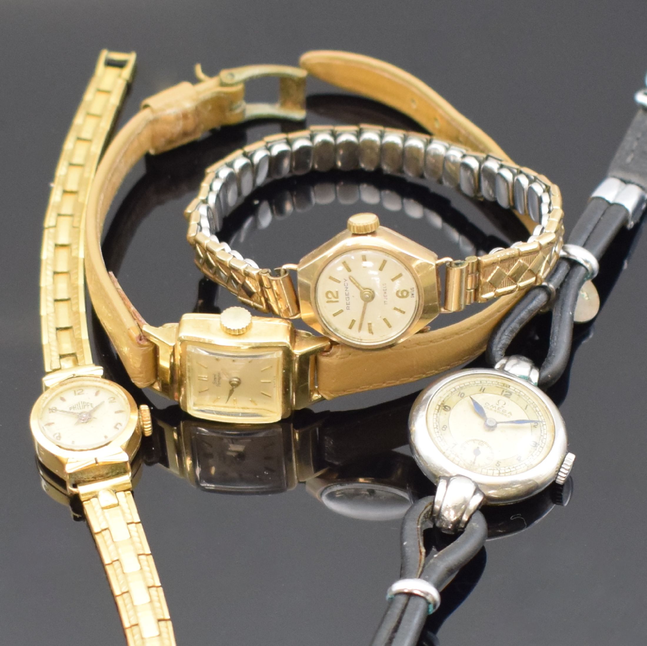 OMEGA, GIRARD PERREGAUX, REGENCY und PHILIPPE 4 Damenarmbanduhren, Schweiz um 1939-1960, alle Handaufzug, Geh. in GG 375/000, 750/000 u. Stahl, ...