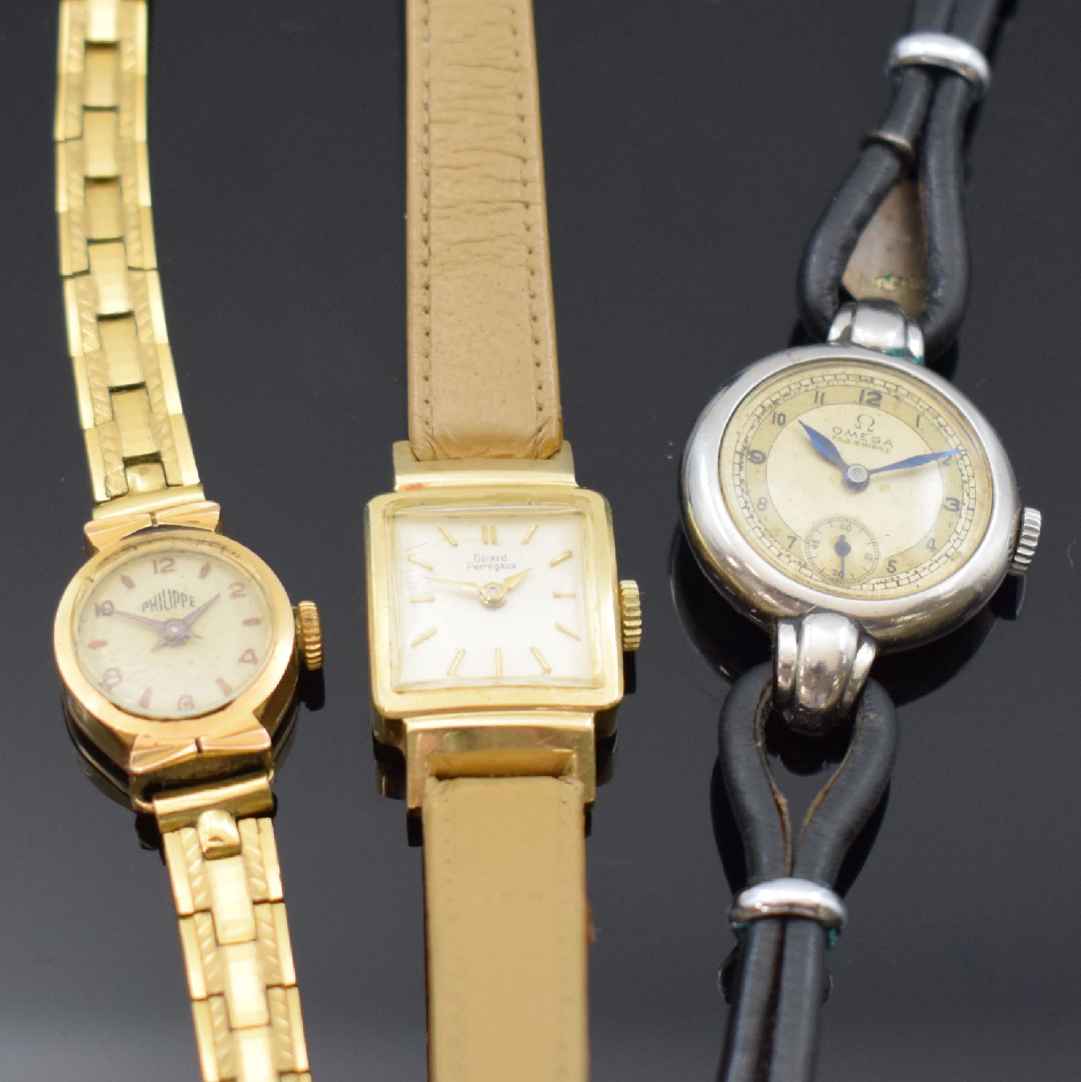 Detail b: OMEGA, GIRARD PERREGAUX, REGENCY und PHILIPPE 4 Damenarmbanduhren, Schweiz um 1939-1960, alle Handaufzug, Geh. in GG 375/000, 750/000 u. Stahl, ...