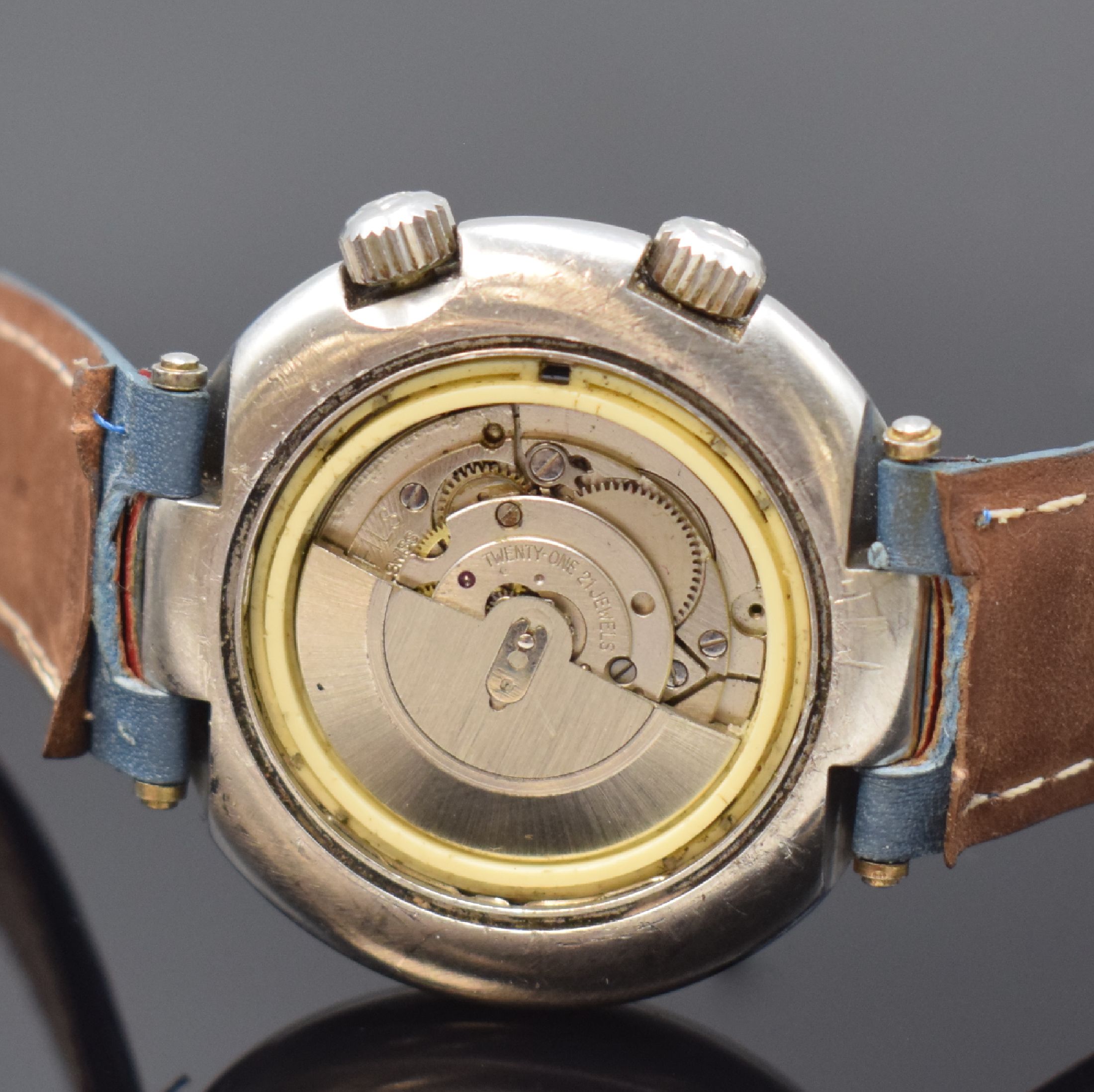 Detail d: TISSOT Sideral Herrenarmbanduhr in Stahl, Schweiz um 1970, Automatik, Boden aufgedr., Stahlband durch neutr. Lederband ers., blaues Zifferbl. m. ...