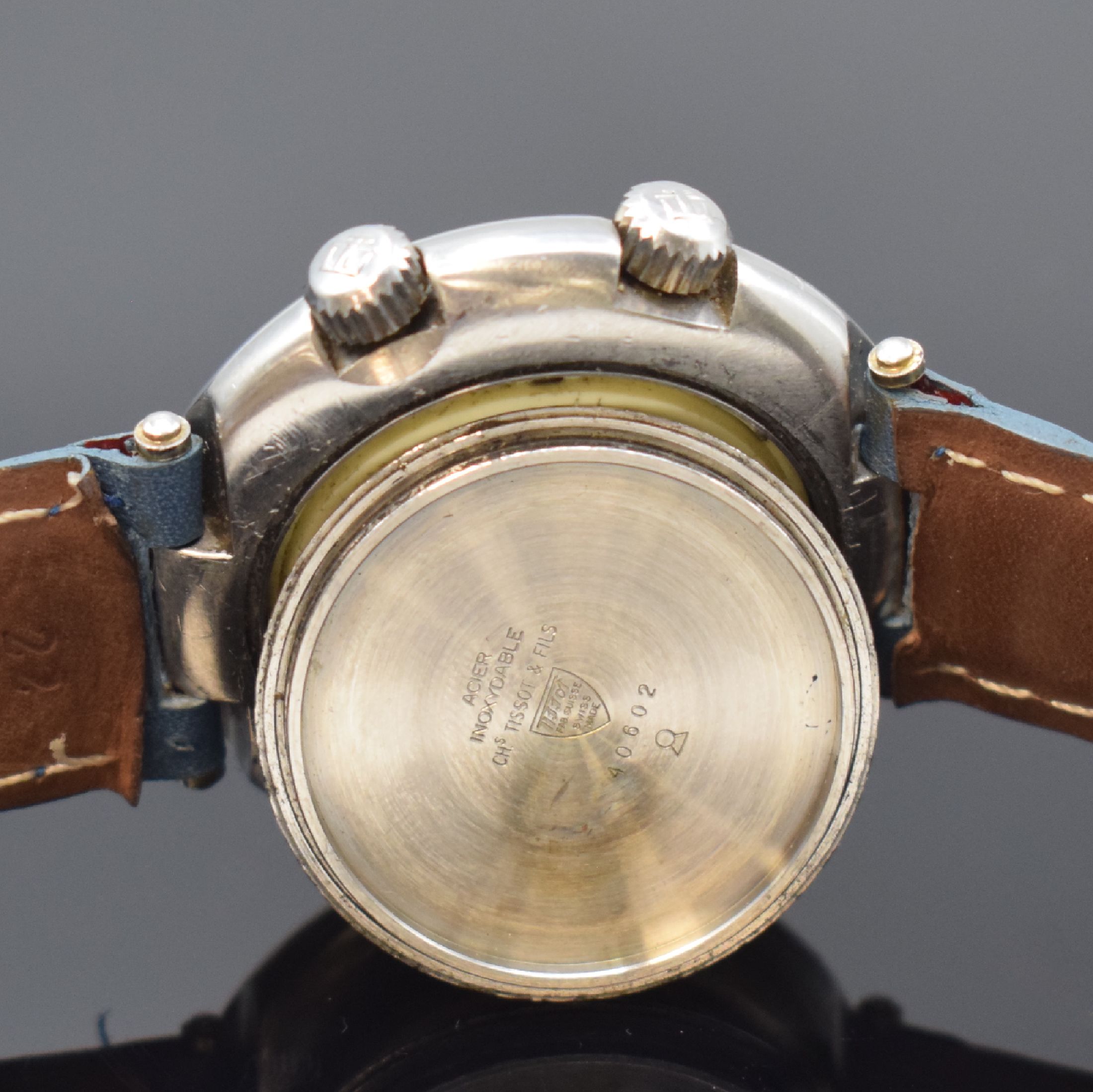 Detail f: TISSOT Sideral Herrenarmbanduhr in Stahl, Schweiz um 1970, Automatik, Boden aufgedr., Stahlband durch neutr. Lederband ers., blaues Zifferbl. m. ...