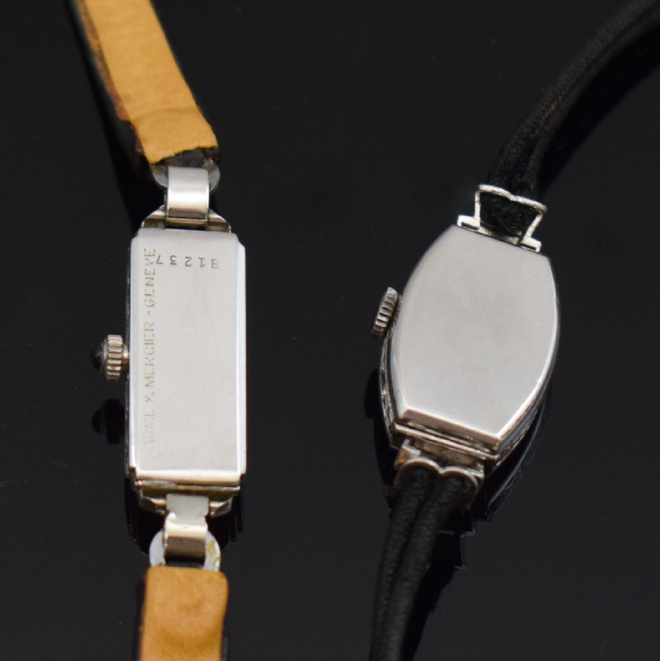 Detail b: 2 Diamantbesetzte Art-Deco Damenuhren in Platin und WG 750/000, Schweiz um 1930, Handaufzug, 1.) Baume & Mercier Baguette-Geh. in WG 750/000, ...