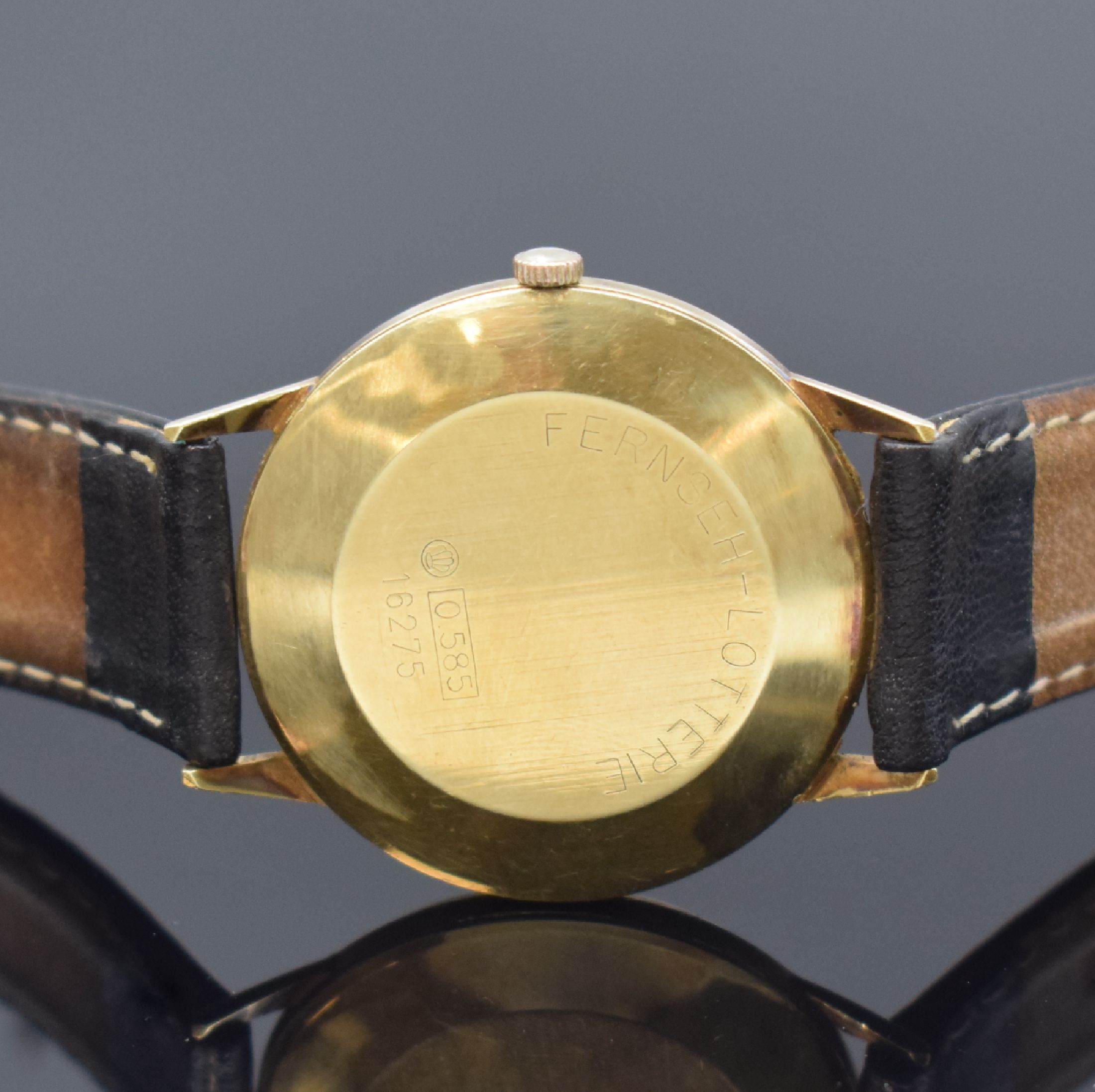 Detail c: BERGANA Herrenarmbanduhr in GG 585/000, Schweiz um 1970, Handaufzug, Boden m. Nutzsp. aufgedr., silb. Zifferbl. m. gold. Std.-Ind., gold. Zeiger, ...