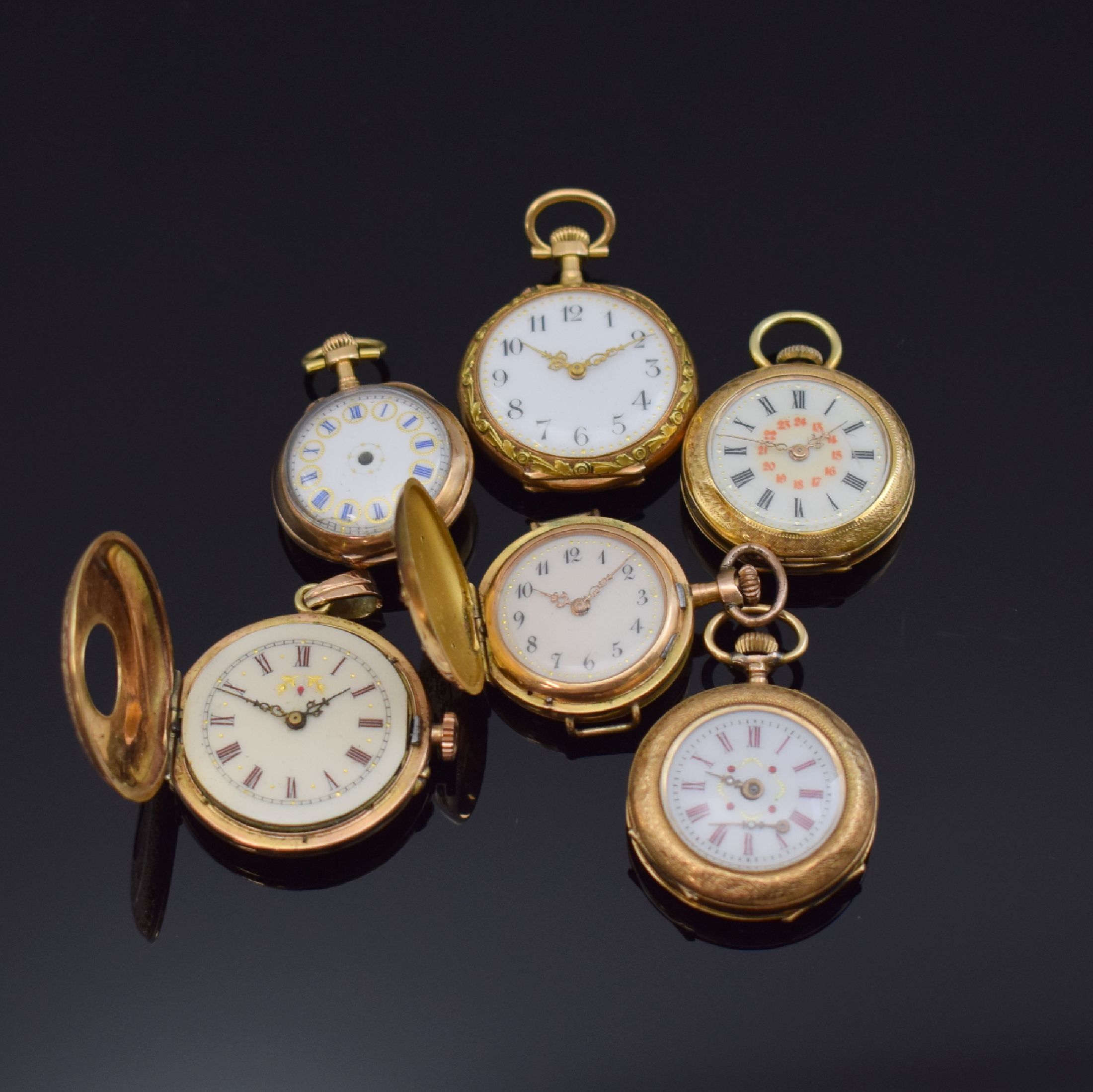 LeCOULTRE sowie 5 weitere Damentaschenuhren in Gold 585/000 und 750/000, Schweiz um 1900, Kronenaufzug, 4 offene Geh., 1 x Savonette 1 x ...