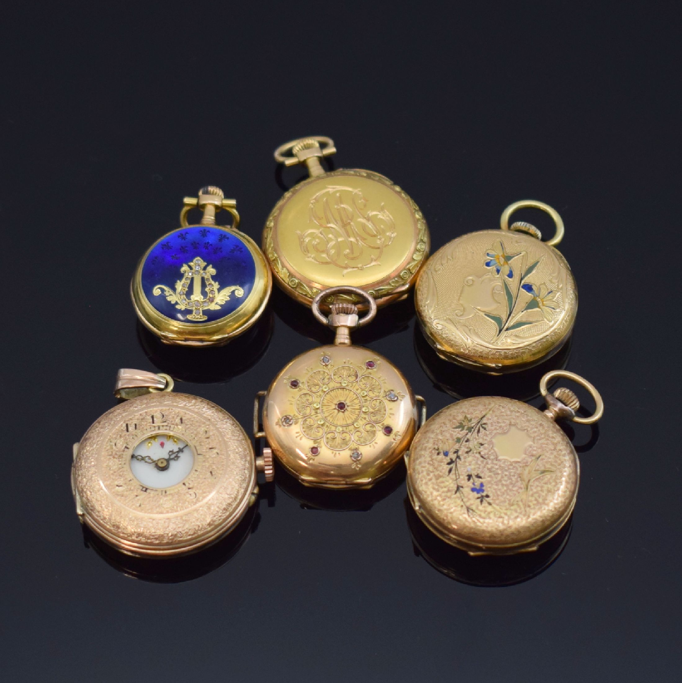 Detail a: LeCOULTRE sowie 5 weitere Damentaschenuhren in Gold 585/000 und 750/000, Schweiz um 1900, Kronenaufzug, 4 offene Geh., 1 x Savonette 1 x ...