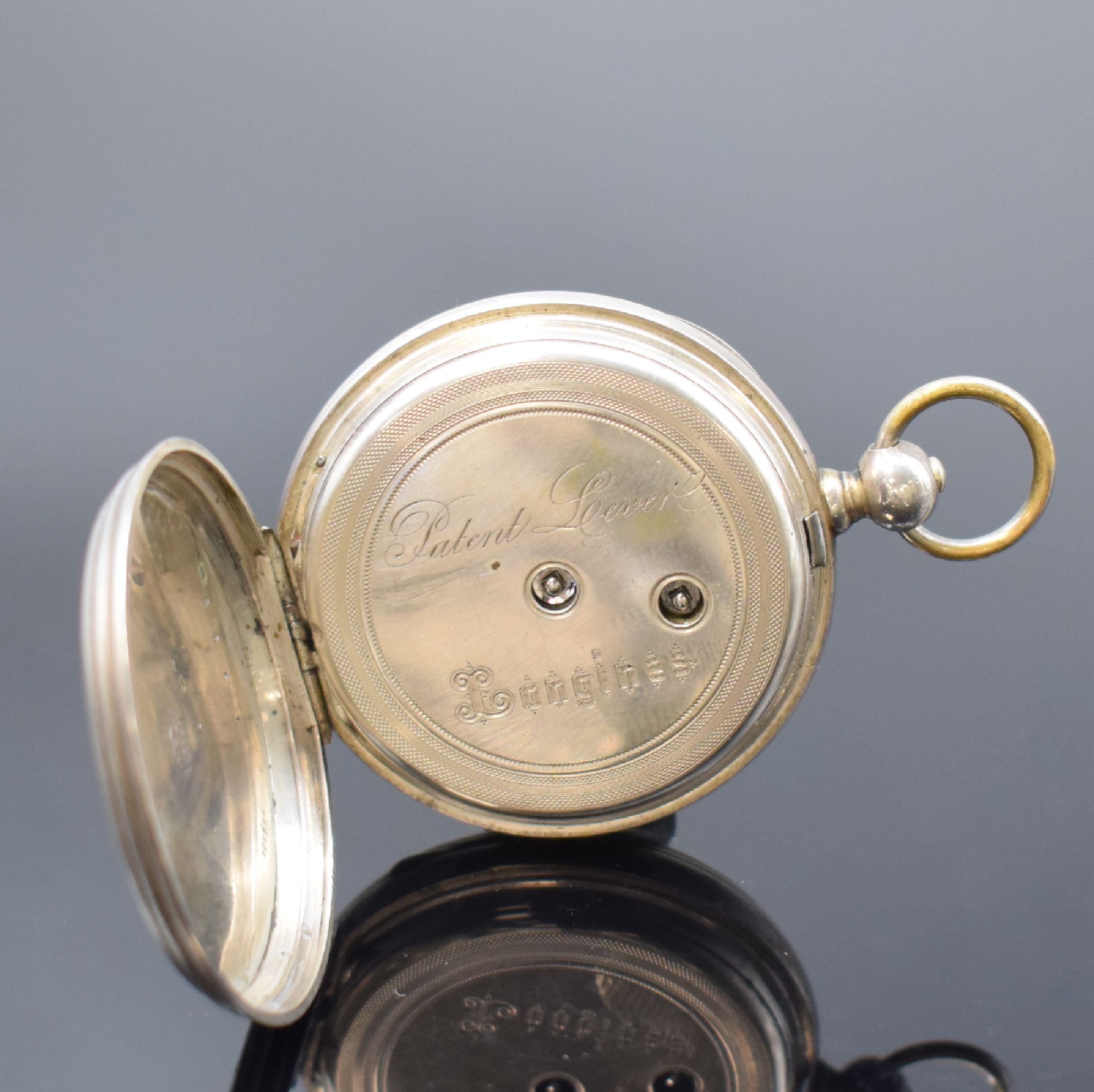 Detail d: LONGINES Nummer 2965 eine der ältesten Taschenuhren der Manufaktur, Schweiz lt. Stammbuchauszug gebaut 1869, Schlüsselaufzug, guill. Silbergeh. ...