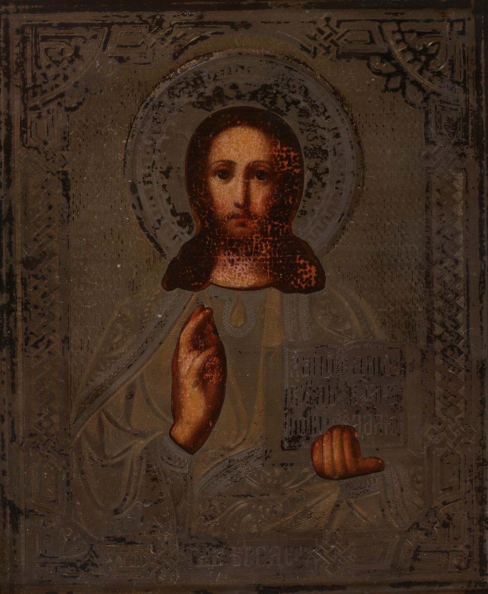 Zwei Ikonen, Russland, um 1880/90, Hl. Nikolaus und Christus Pantokrator, Silberoklad, z.T. graviert und ziseliert, einmal im Rahmen, komplett 21x 19 ...