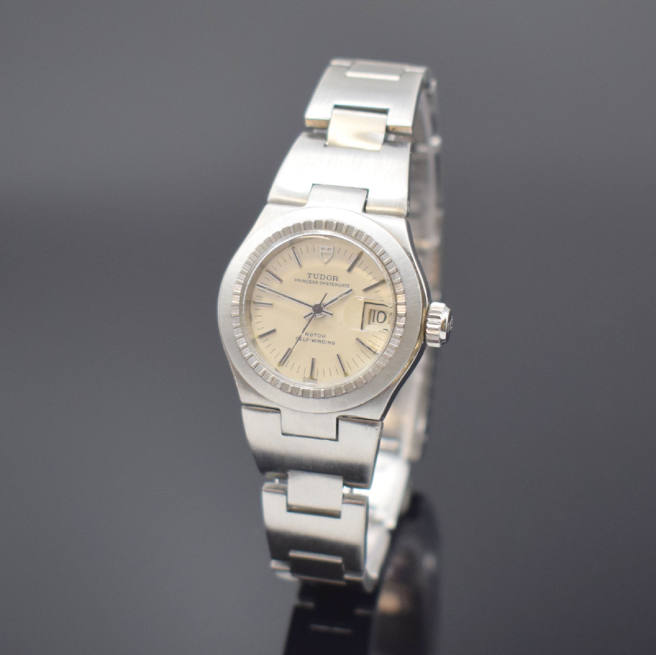TUDOR Princess Oysterdate Damenarmbanduhr in Stahl/Stahlband Referenz 9301/0, Schweiz um 1975, Automatik, verschr. Oystergeh., integr. Band m. ...