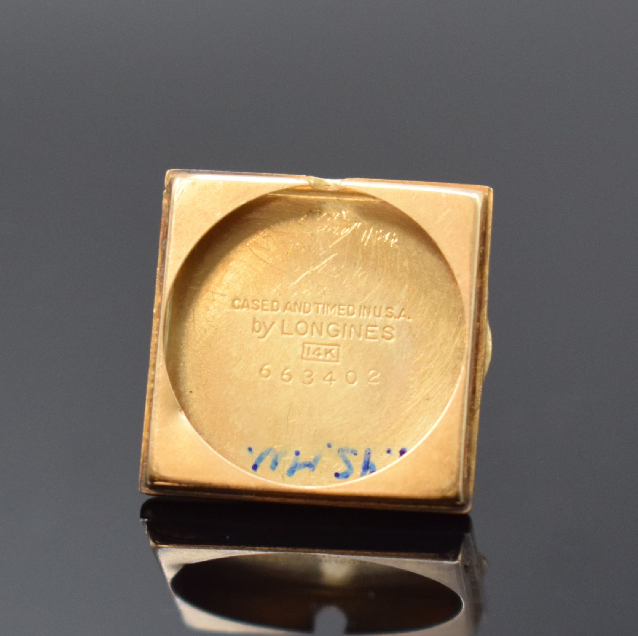 Detail f: Longines quadratische Armbanduhr in GG 585/000 und eine weitere Armbanduhr, Schweiz/USA um 1945, Handaufzug, 2-tlg. Gehäuse, Böden aufgedr., silb. ...