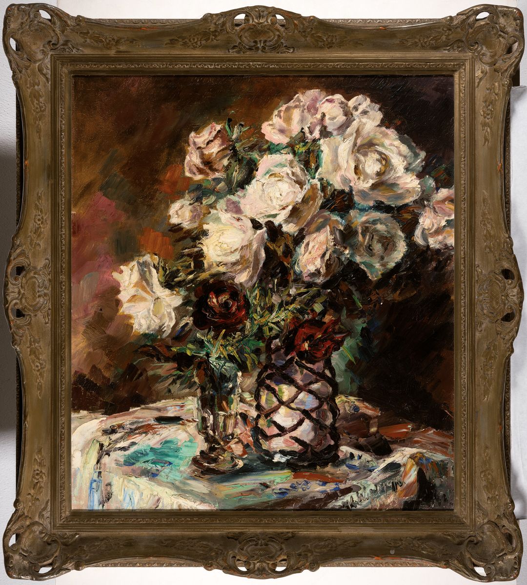 Detail k: Karl Schropp, 1899 Heidelberg - 1978, Blumenstillleben, Öl/Platte, signiert, ca. 80 x 70 cm, Prunkrahmen