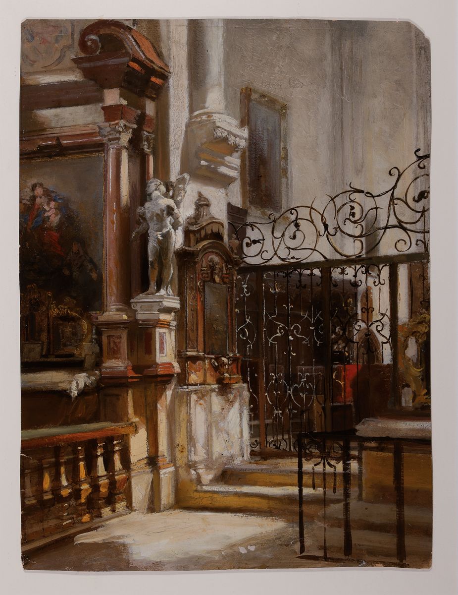 Johann Georg Meyer, genannt Meyer von Bremen, 1813 Bremen - 1886 Berlin, Kircheninterieur, Blick auf das Altargemälde des Seitenaltars und in den ...