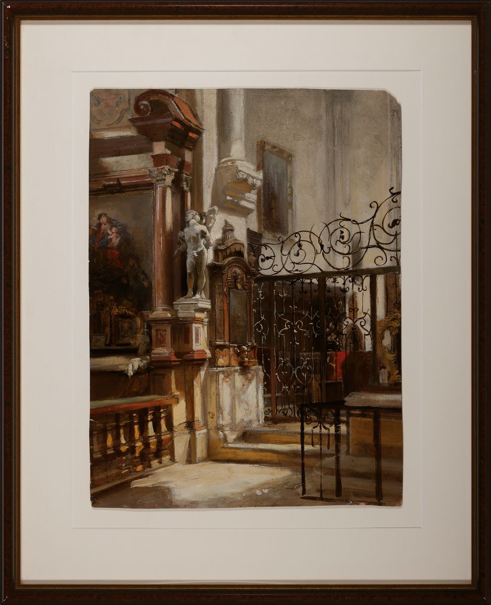 Detail k: Johann Georg Meyer, genannt Meyer von Bremen, 1813 Bremen - 1886 Berlin, Kircheninterieur, Blick auf das Altargemälde des Seitenaltars und in den ...