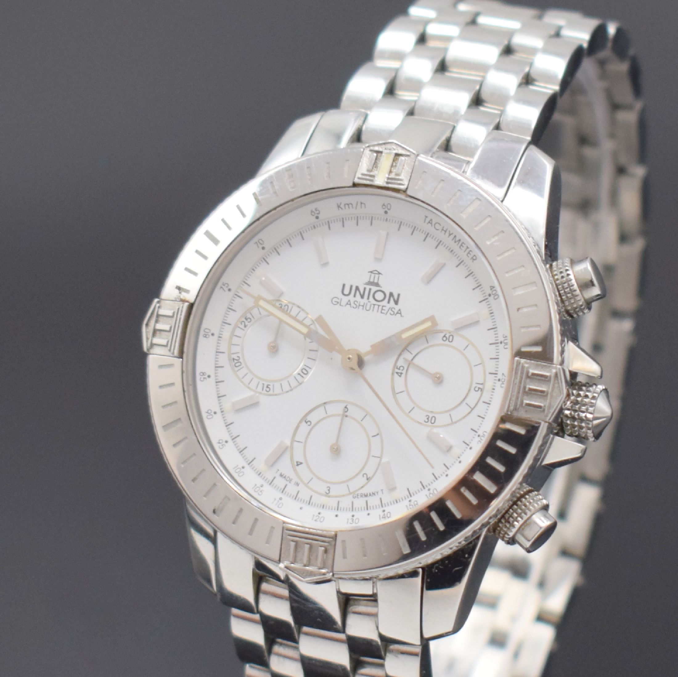 Detail a: UNION GLASHÜTTE/SA. Armbandchronograph, Deutschland um 2000, Automatik, Edelstahlgeh. inkl. Gliederband m. dopp. Faltschl., beids. vergl., Boden ...