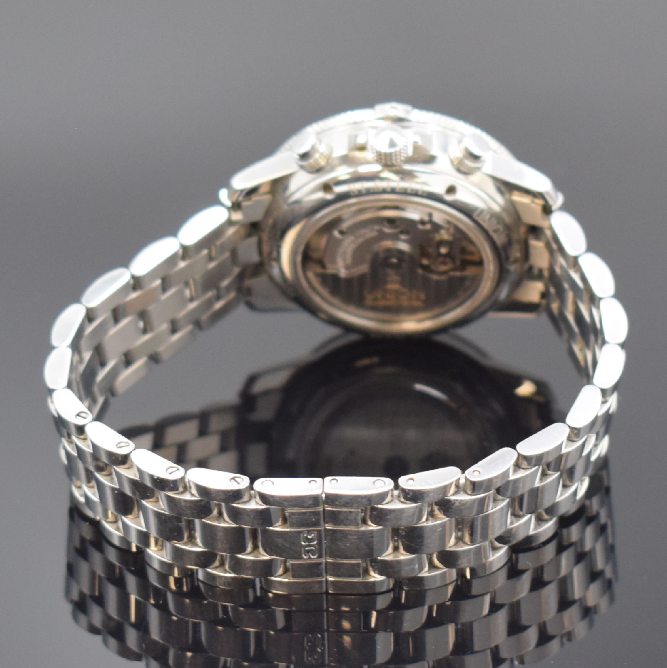 Detail b: UNION GLASHÜTTE/SA. Armbandchronograph, Deutschland um 2000, Automatik, Edelstahlgeh. inkl. Gliederband m. dopp. Faltschl., beids. vergl., Boden ...