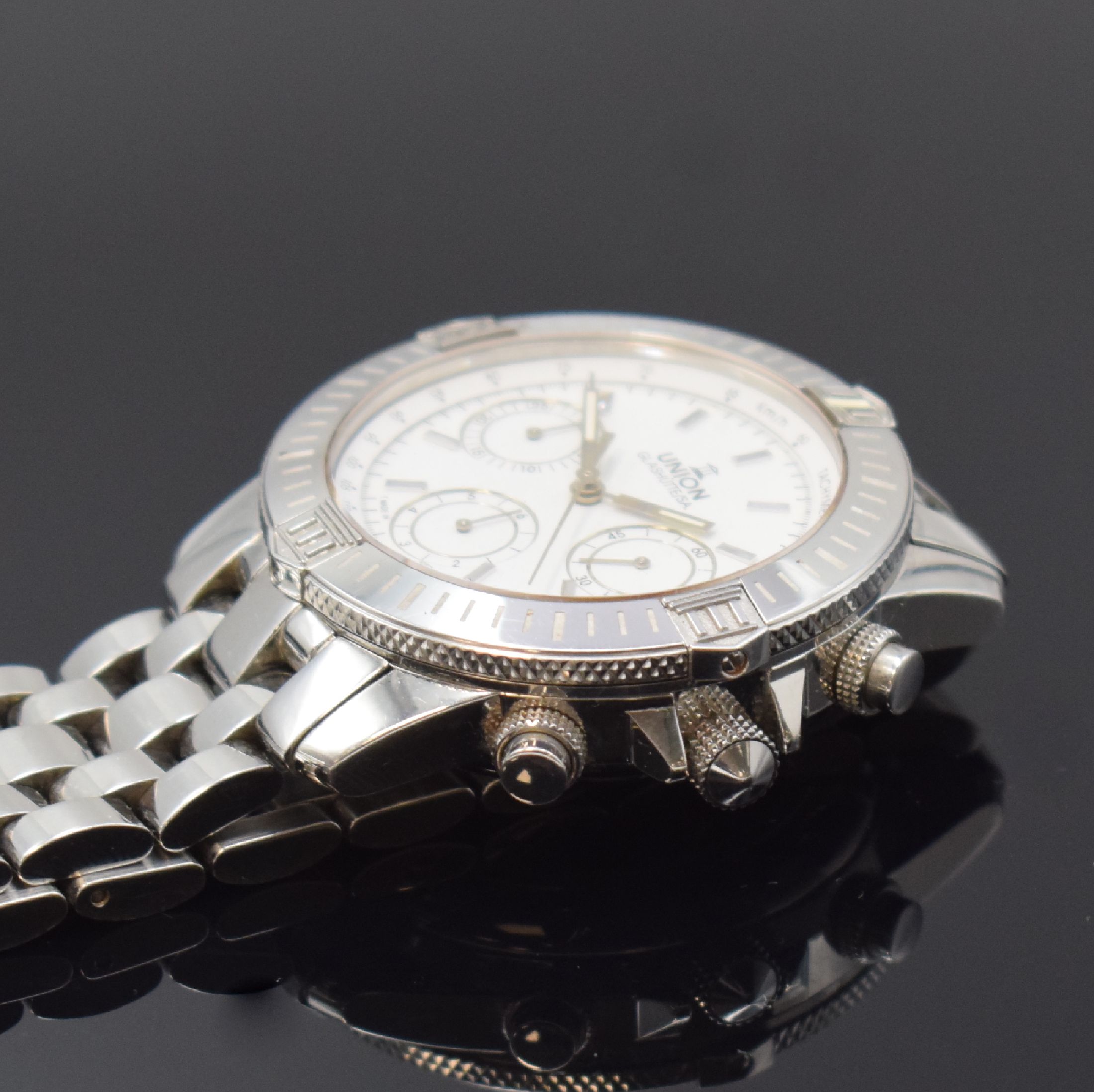 Detail c: UNION GLASHÜTTE/SA. Armbandchronograph, Deutschland um 2000, Automatik, Edelstahlgeh. inkl. Gliederband m. dopp. Faltschl., beids. vergl., Boden ...