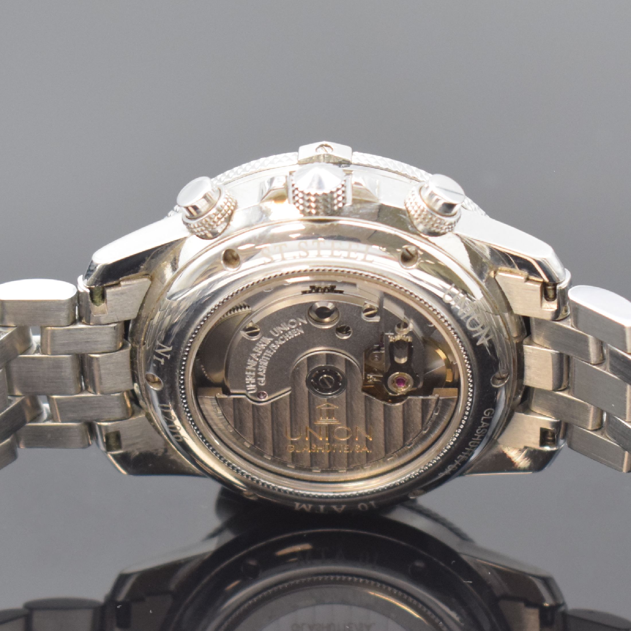 Detail d: UNION GLASHÜTTE/SA. Armbandchronograph, Deutschland um 2000, Automatik, Edelstahlgeh. inkl. Gliederband m. dopp. Faltschl., beids. vergl., Boden ...