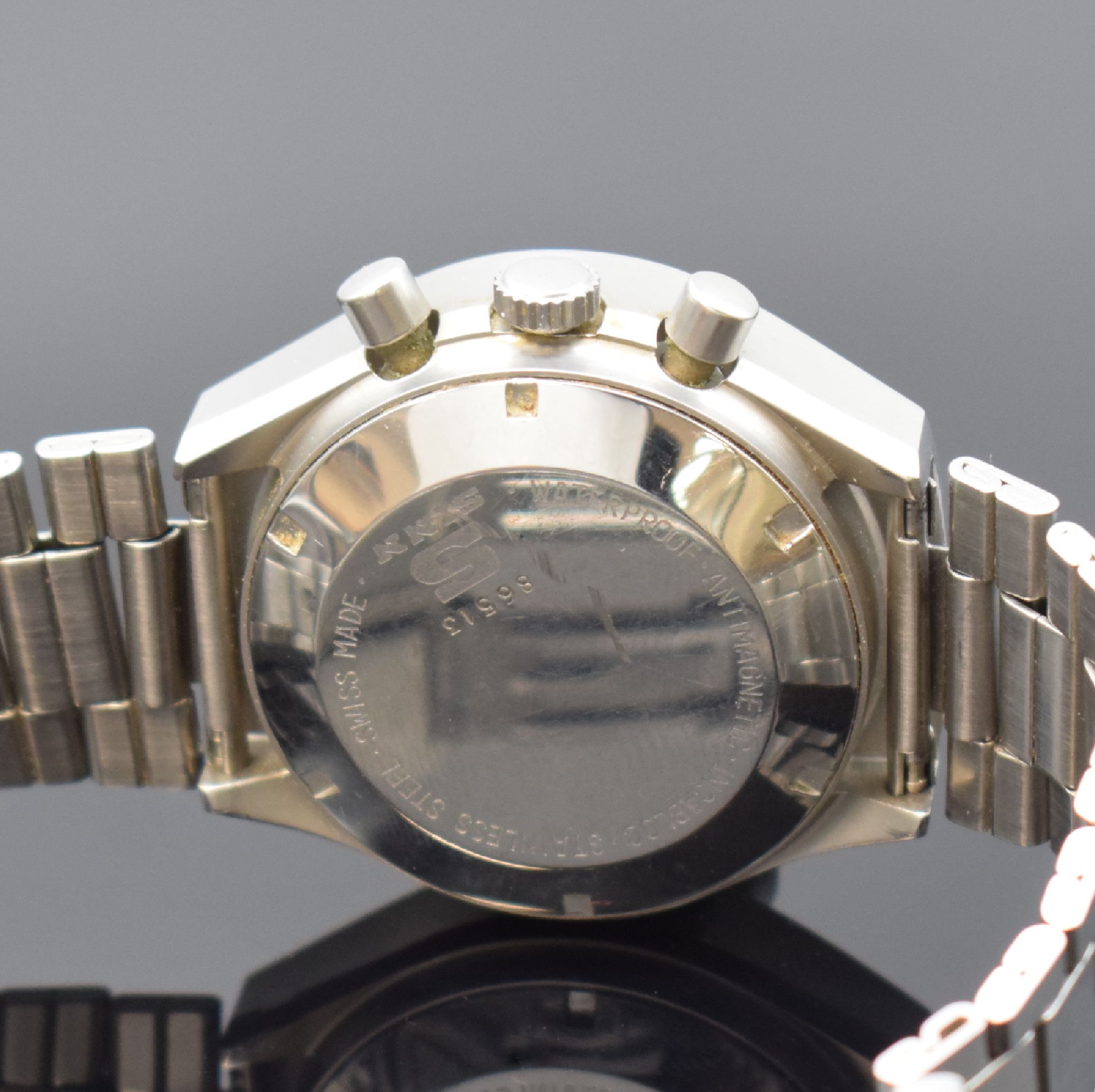 Detail c: SINN Herrenarmbanduhr mit Chronograph, Schweiz/Deutschland um 1990, Automatik, verschr. Edelstahlgeh., unsign. Gliederband m. Faltschl., schwarzes ...