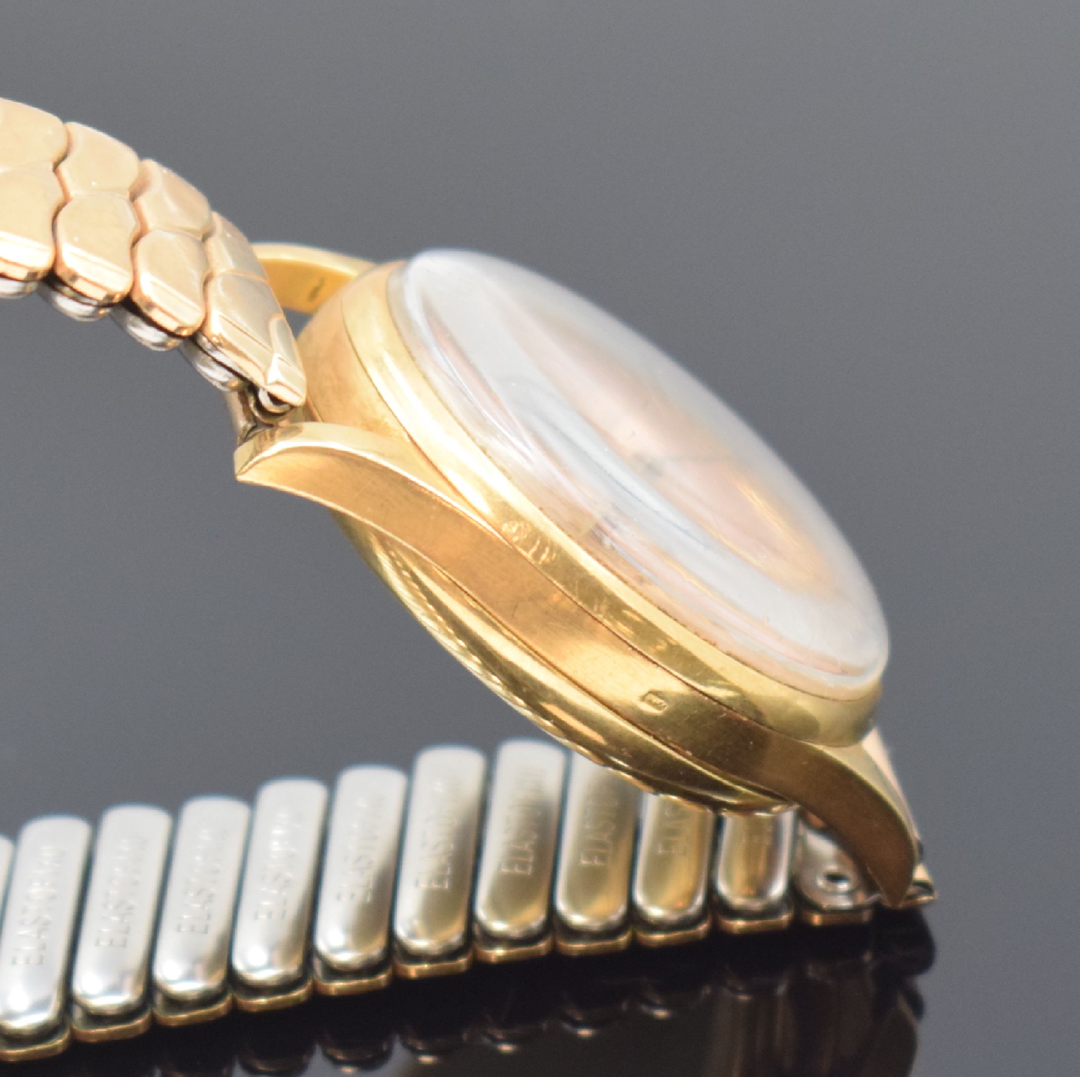 Detail c: DULFI Chronographe Herrenarmbanduhr in RG 750/000, Schweiz um 1950, Handaufzug, 3- teil. Geh., Boden u. Glasrand aufgedr., kupferfarb. Zifferbl. m. ...