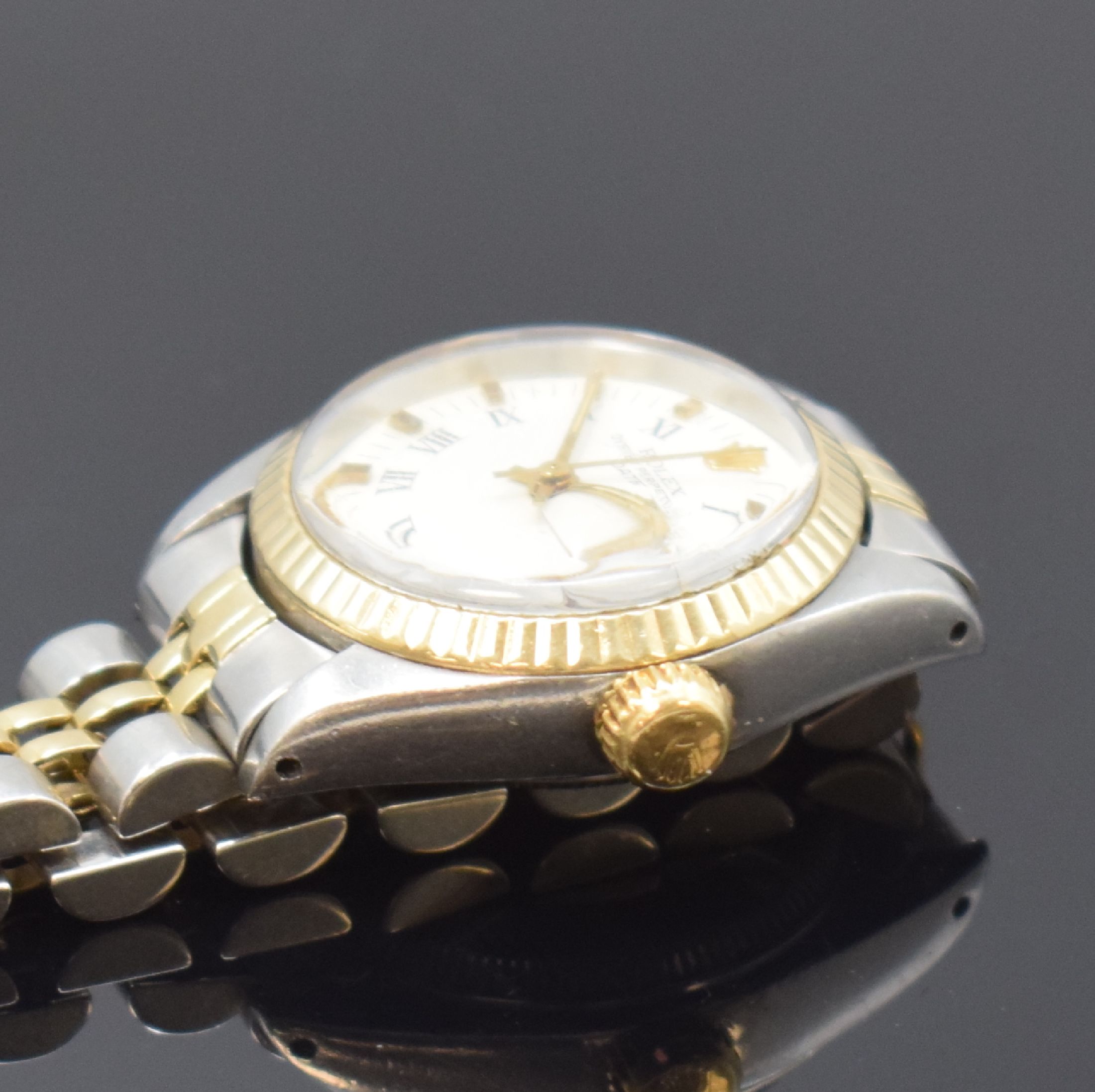 Detail c: ROLEX Damenarmbanduhr Oyster Perpetual Date Referenz 6917, Schweiz um 1982, Automatik, Edelstahl u. Gold komb., Jubileeband mit Faltschl., Boden und ...