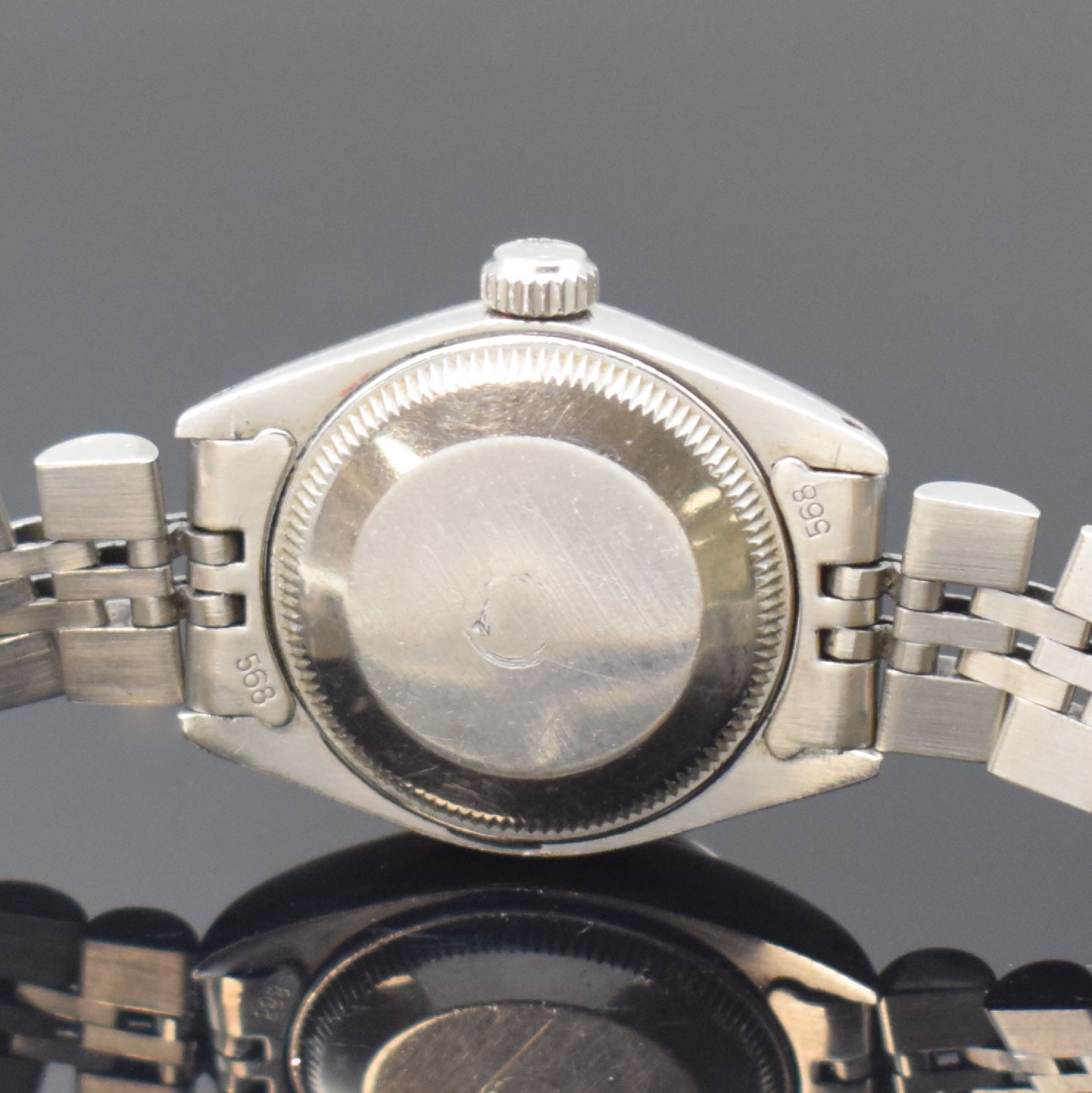 Detail d: ROLEX Damenarmbanduhr Oyster Perpetual Date Referenz 6917, Schweiz um 1979, Automatik, Edelstahl, WG-Lünette, Jubileeband mit Faltschl., Boden und ...