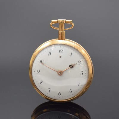 Spindeltaschenuhr in RoseG 750/000 mit 1/4-Stunden-Repetition, Schweiz um 1800, 2- teil. Geh., Glasrand am Scharnier, Emailzifferbl. m. arab. Zahlen, ...